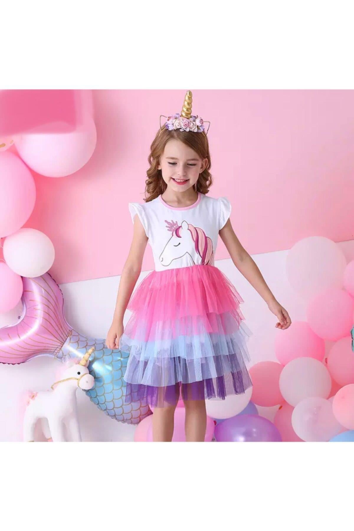Yeni Sezon 3d Kabartmalı Unicorn Prenses Tüllü Doğum Günü Parti Elbise Pembe Lila