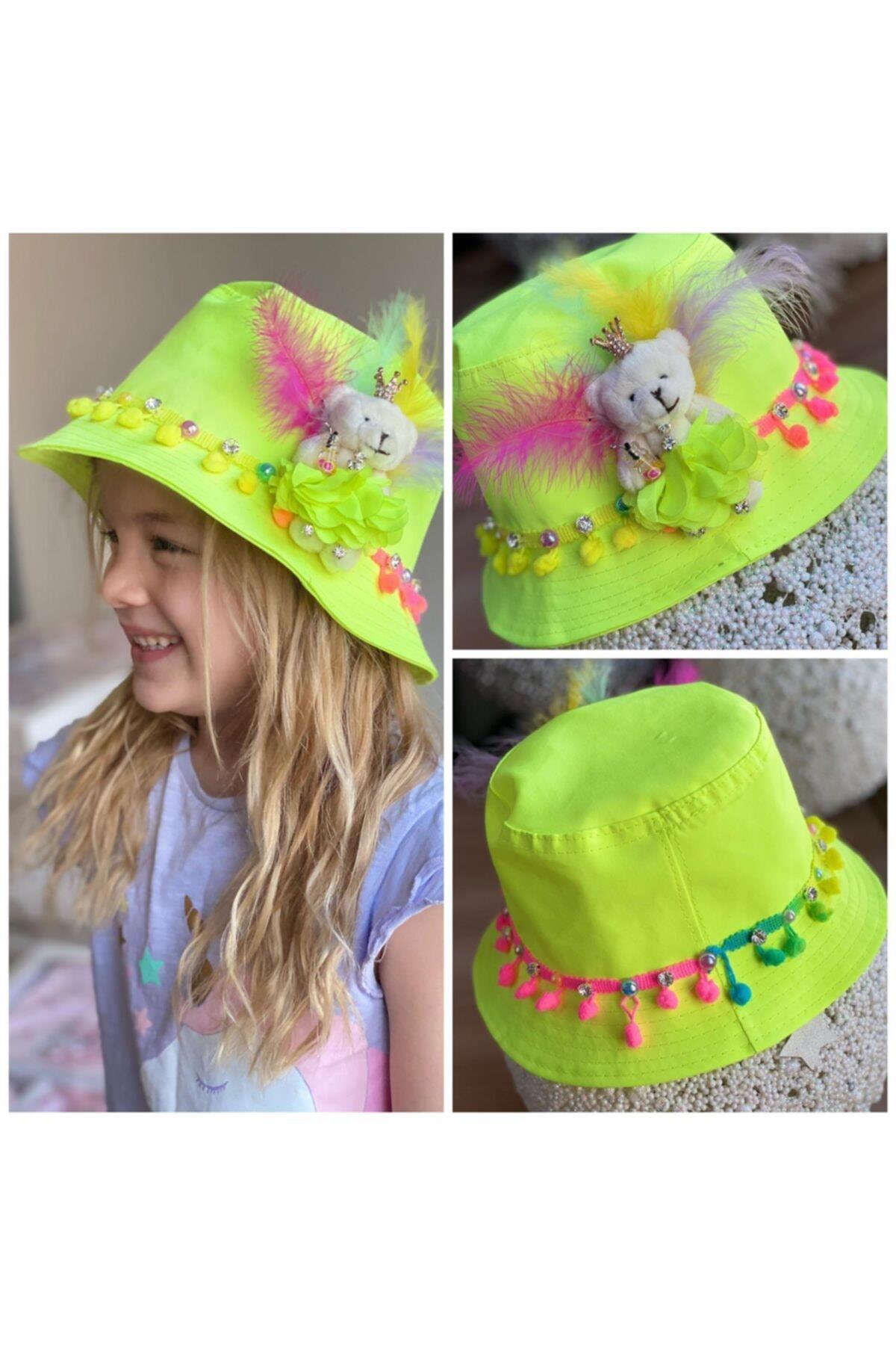 Yeni Sezon Moda Özel Tasarım Neon Sarı Prenses Peluş Ayıcıklı Taşlı Şapka