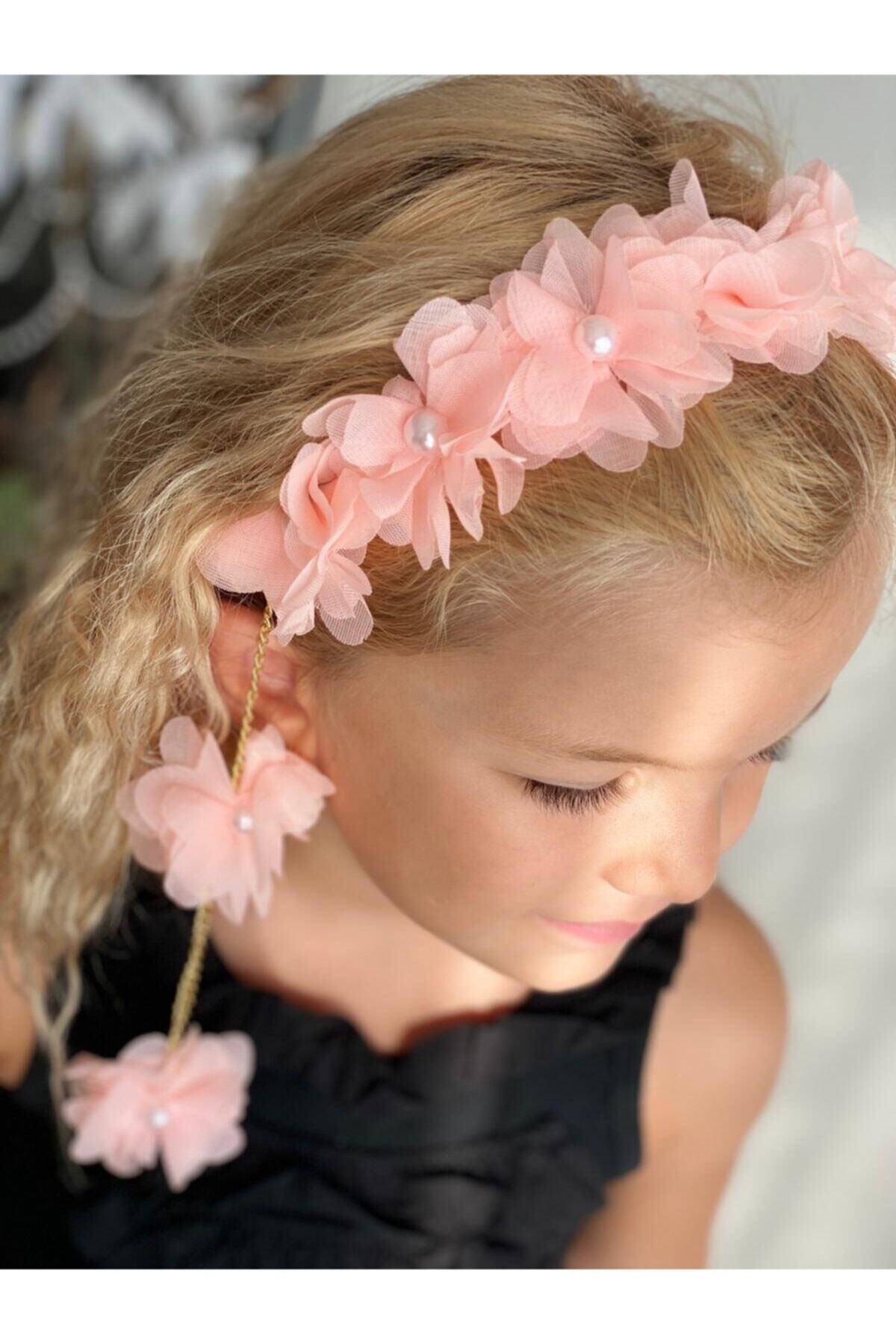 Yeni Trend Moda Inci Çiçek Sarkıt Zincirli Anne Çocuk Nedime Taç Pembe