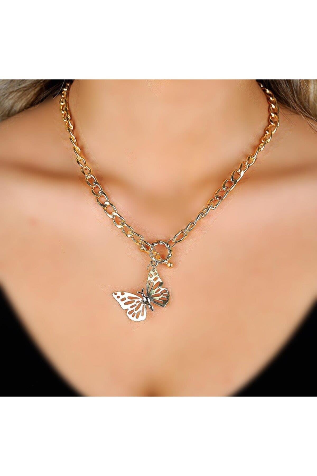 Yeni Trend Moda Lüks Kalın Halka Zincir Gold Altın Renk Büyük Kelebek Kolye
