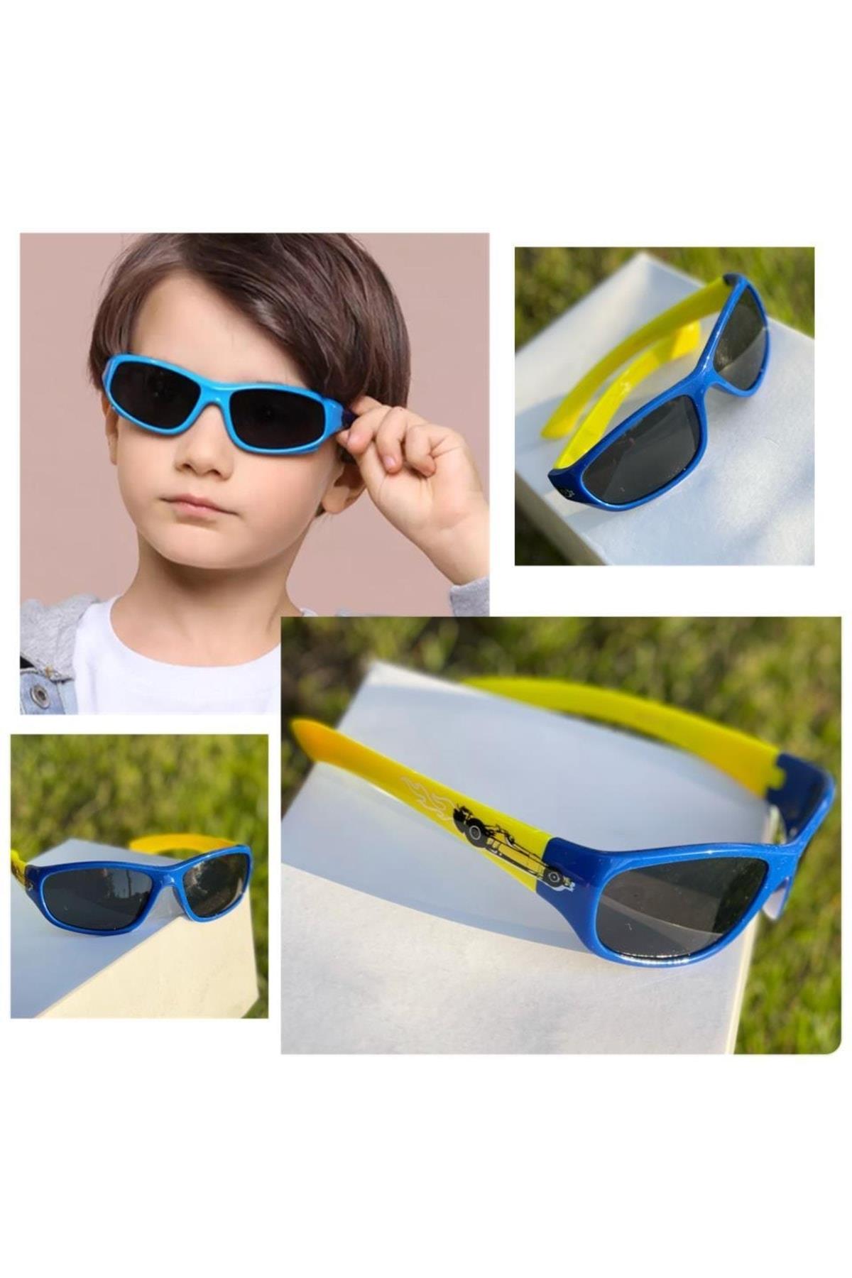 Yeni Trend Moda Sarı Lacivert Arabalı Erkek Çocuk Uv400 Korumalı Güneş Gözlüğü