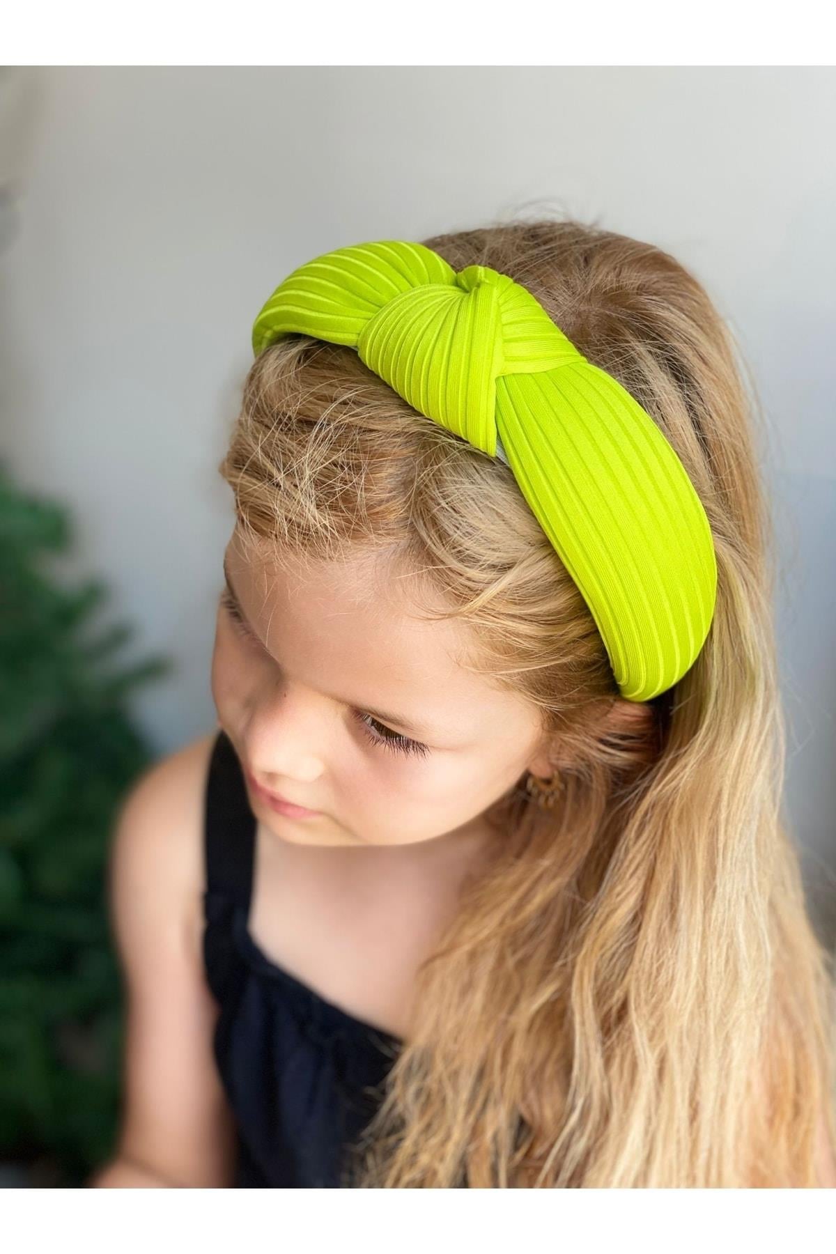 Yeni Trend Süngerli Düğümlü Taç Kadın Çocuk Tacı Çizgili Neon Sarı