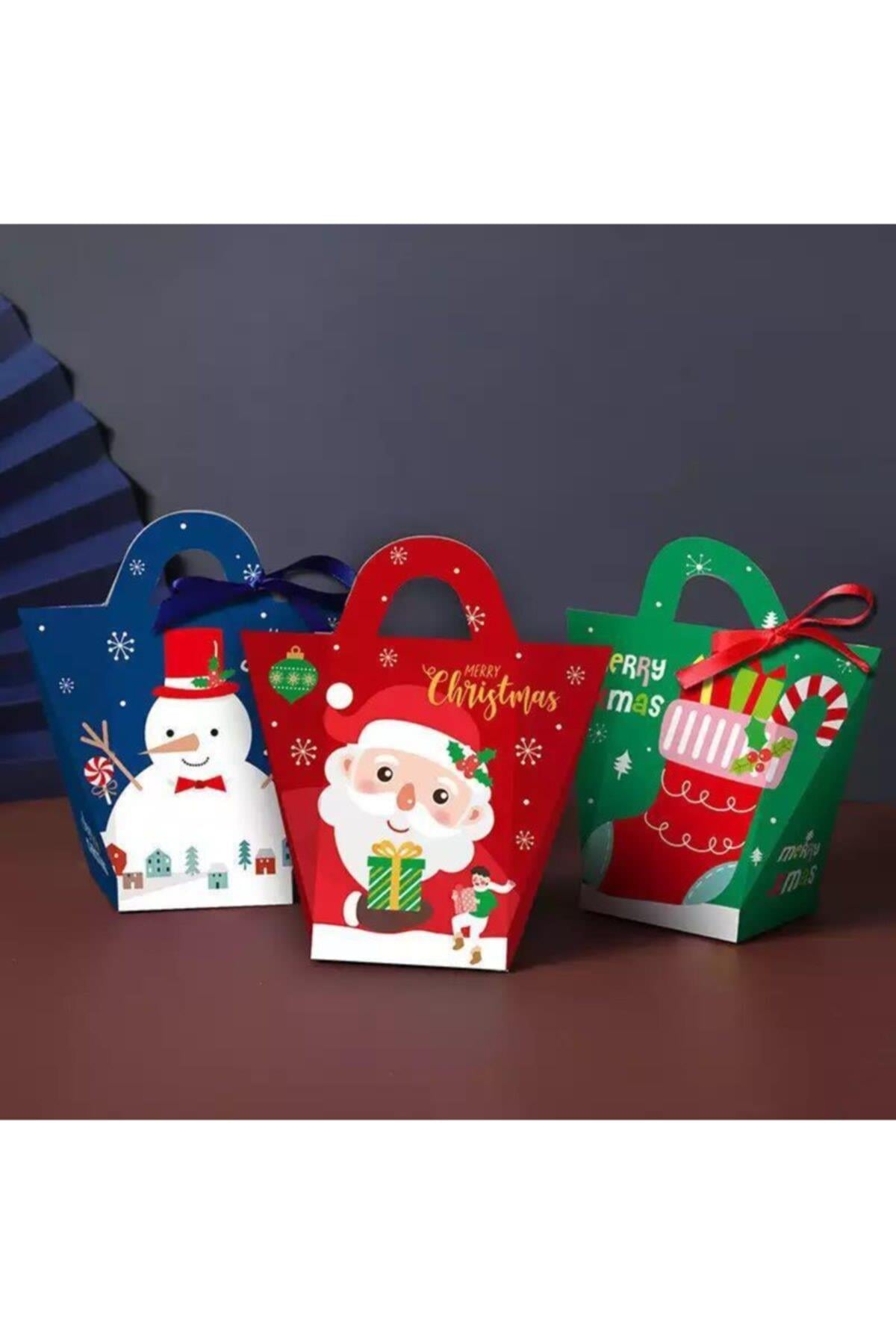 Yeni Yıl Yılbaşı Noel Baba Hediye Sunum Kurabiye Şeker Kutusu Karton Çanta Paket Kırmızı