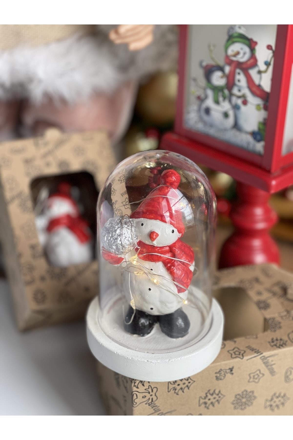 Yeni Yıl Yılbaşı Özel Hediye Kutulu Noel Işıklı Küre Fanus Sevimli Kardan Adam Biblo