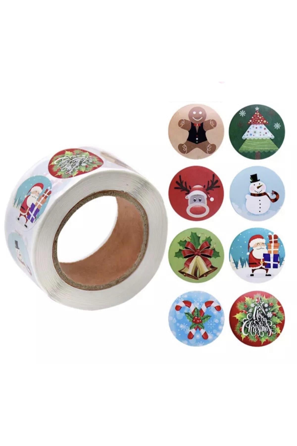 Yeni Yıl Yılbaşı Özel Yuvarlak Hediye Paket Süs Sticker Etiket 500 Adet Çam Ağacı Noel Baba Geyik