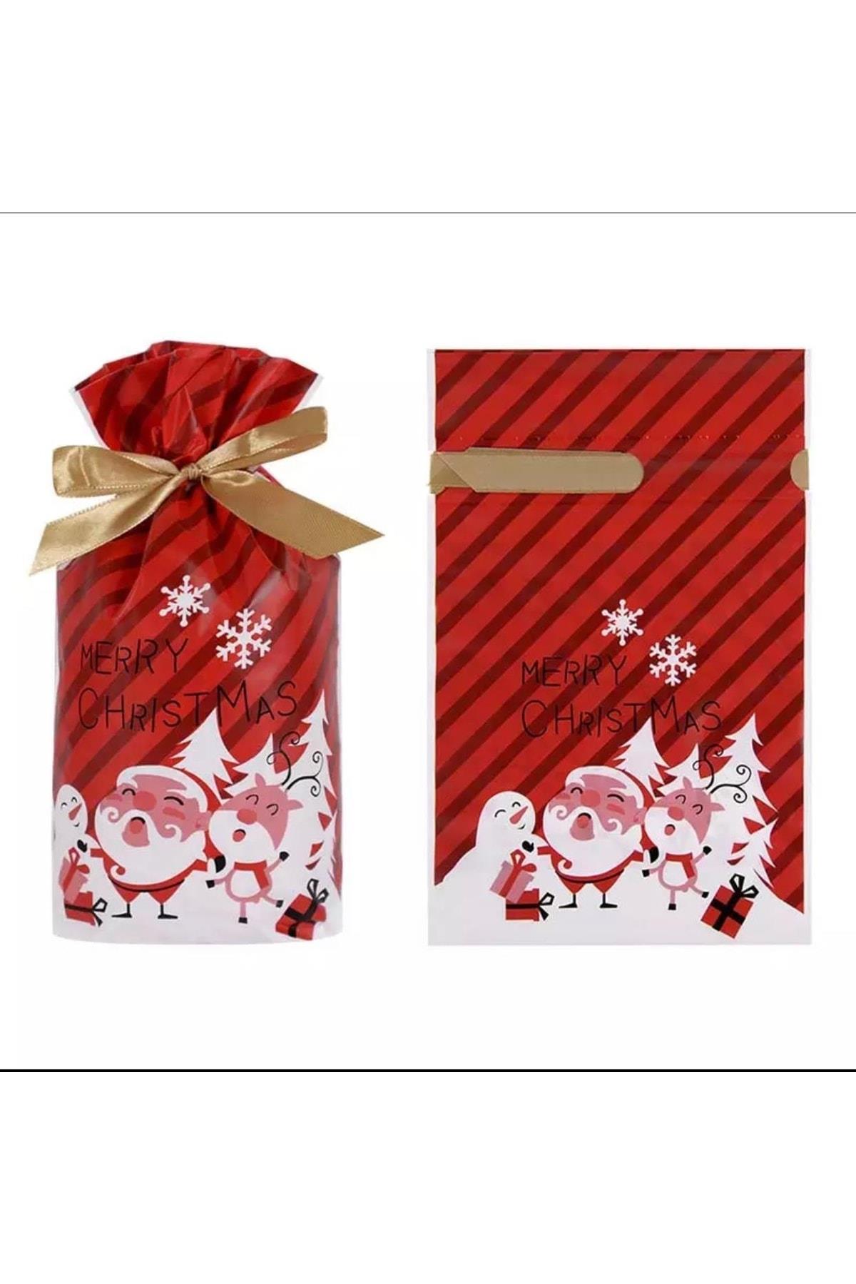Yeni Yıl Yılbaşı Temalı 1adet Kırmızı Noel Baba Geyik Ambalaj Paket Poşet Hediye Kutusu Kurabiye