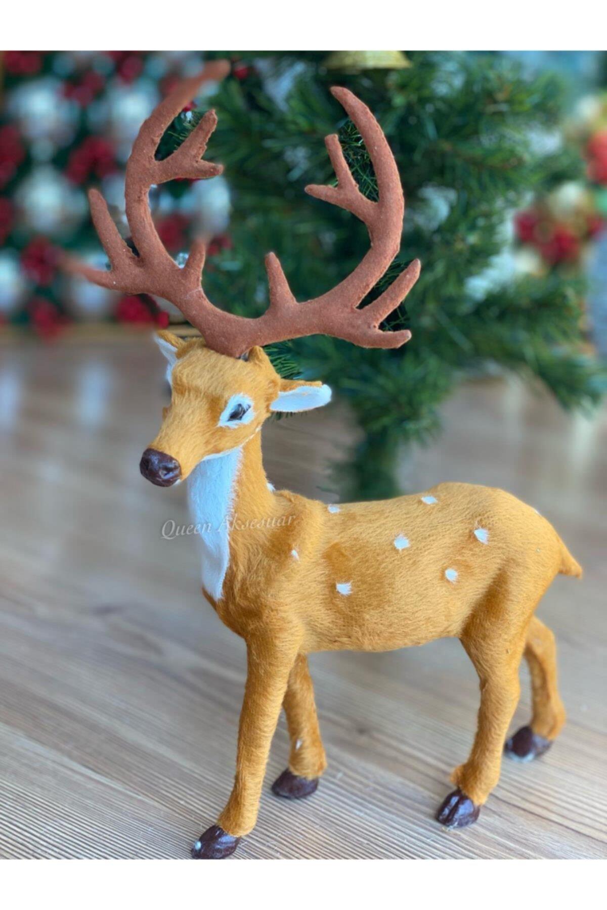 Yılbaşı Özel Gerçek Geyik Görünümlü Tüylü Geyik Dekorasyon Süs Noel Baba Geyiği 30 Cm