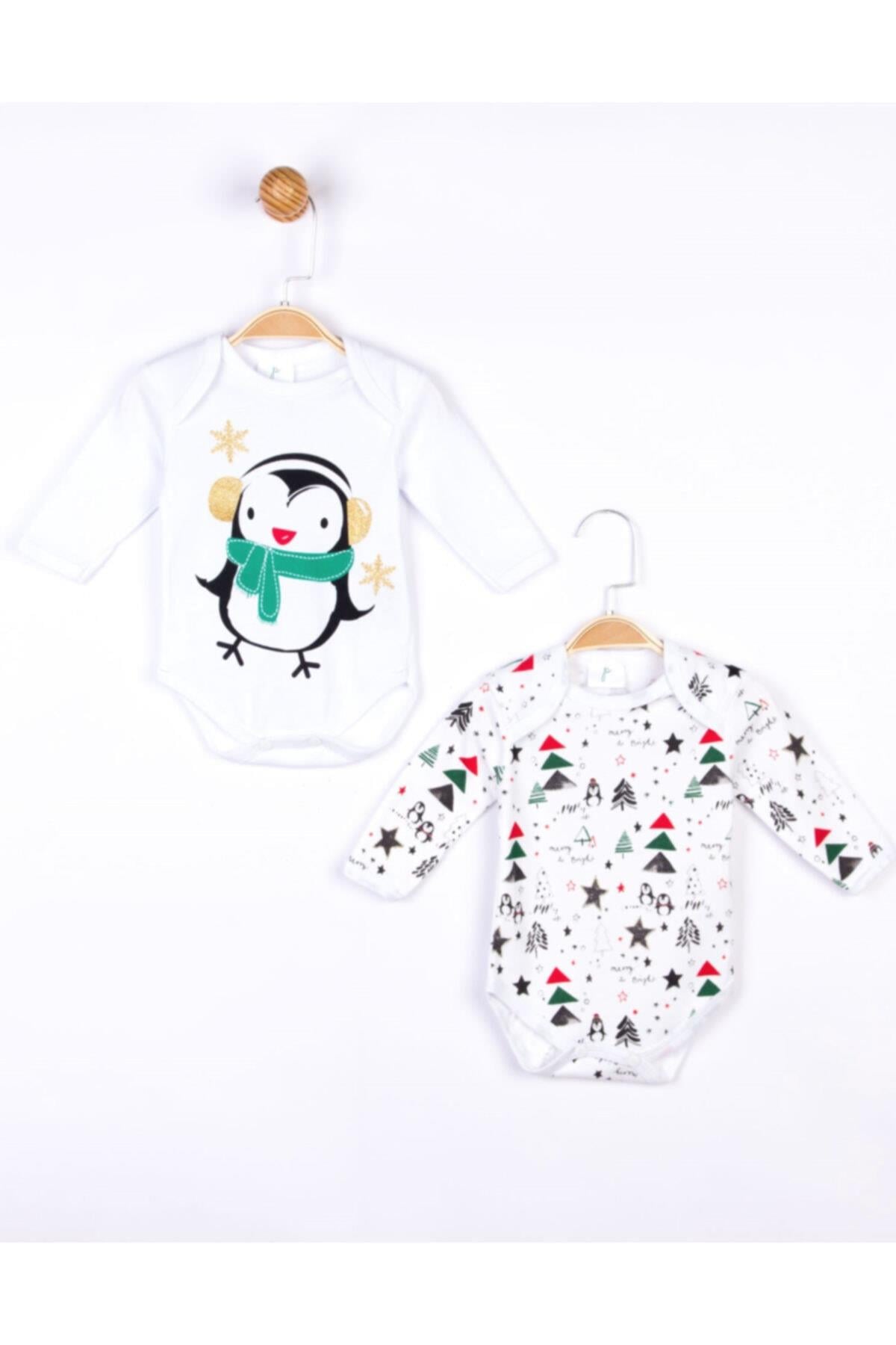 %100 Organik Pamuklu  Simli Bebek Body Set Penguen Kar Desen 2 Li