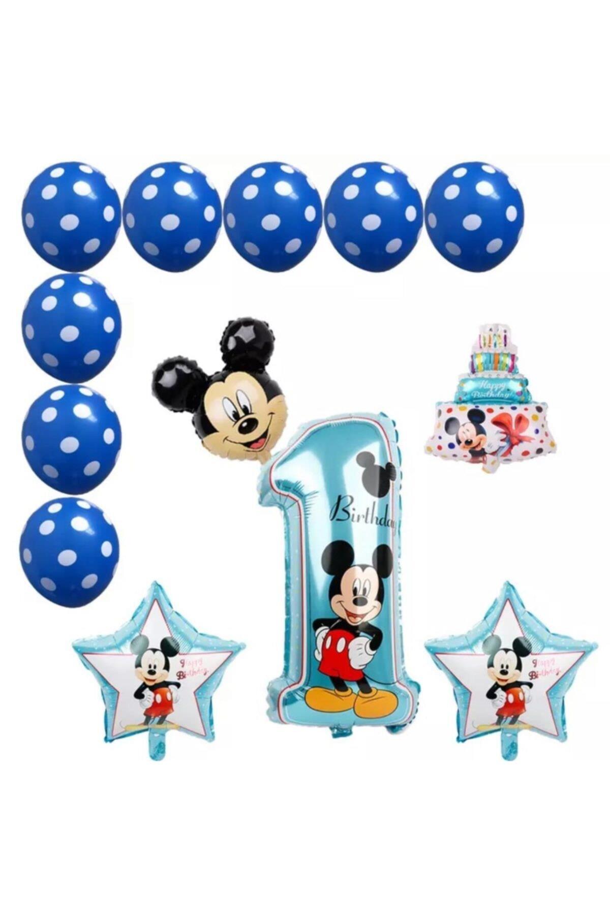 13 Parça Dev Folyo Disney Mickey Mouse 1 Yaş Balon Seti Yıldız Pasta Mavi