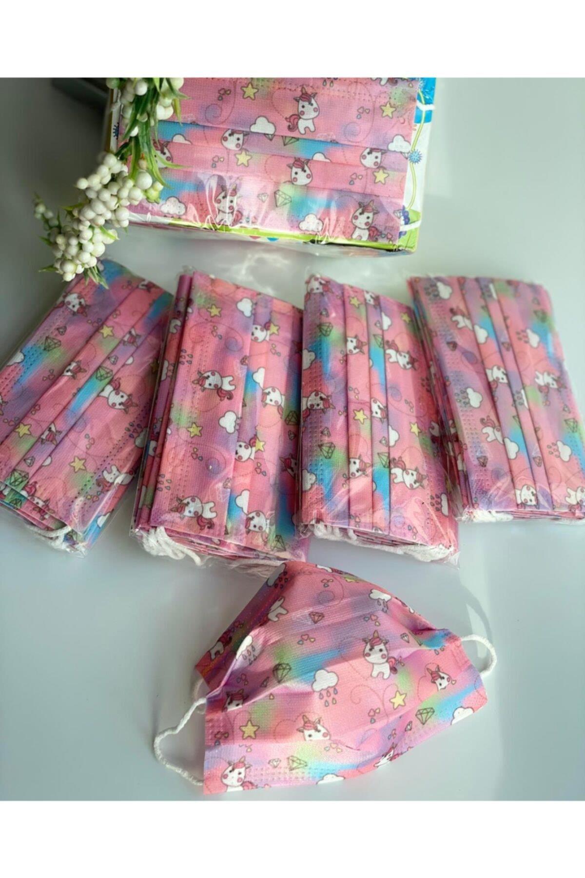 3 Katlı Telli Lastikli Pembe Unicorn Kız Çocuk Maskesi 50 Adet