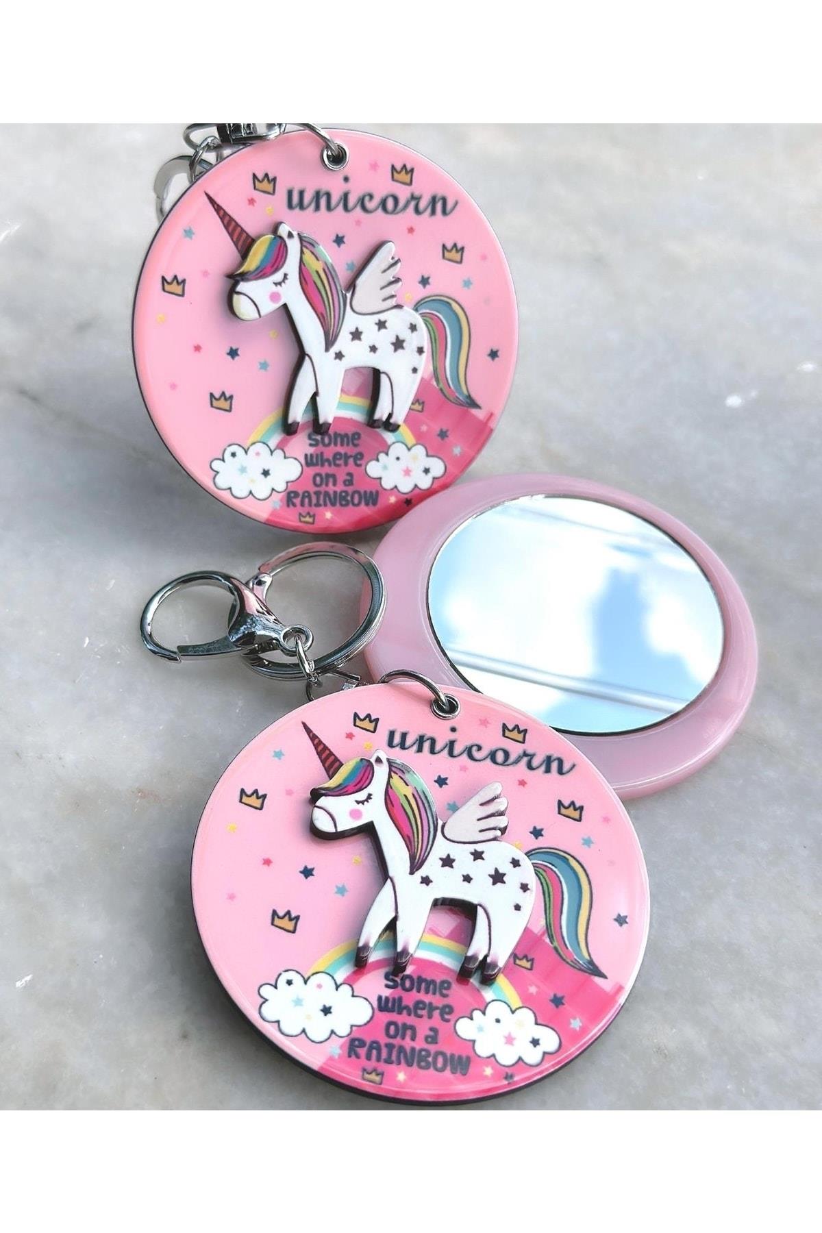 3d boyutlu pembe unicorn atlı ayna anahtarlık askılı çanta aynası kapaklı