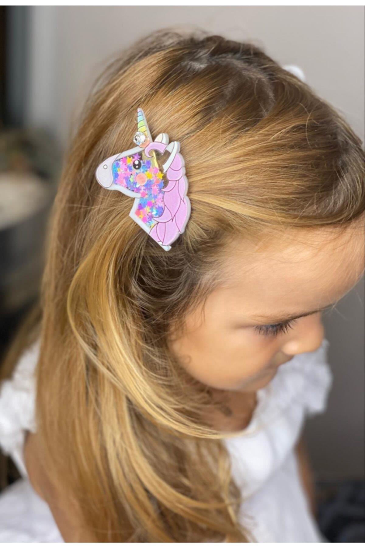 3d Pleksi Pullu Taşlı 3 Boyut Büyük Unicorn Çocuk 2 Li Pensli Toka Set