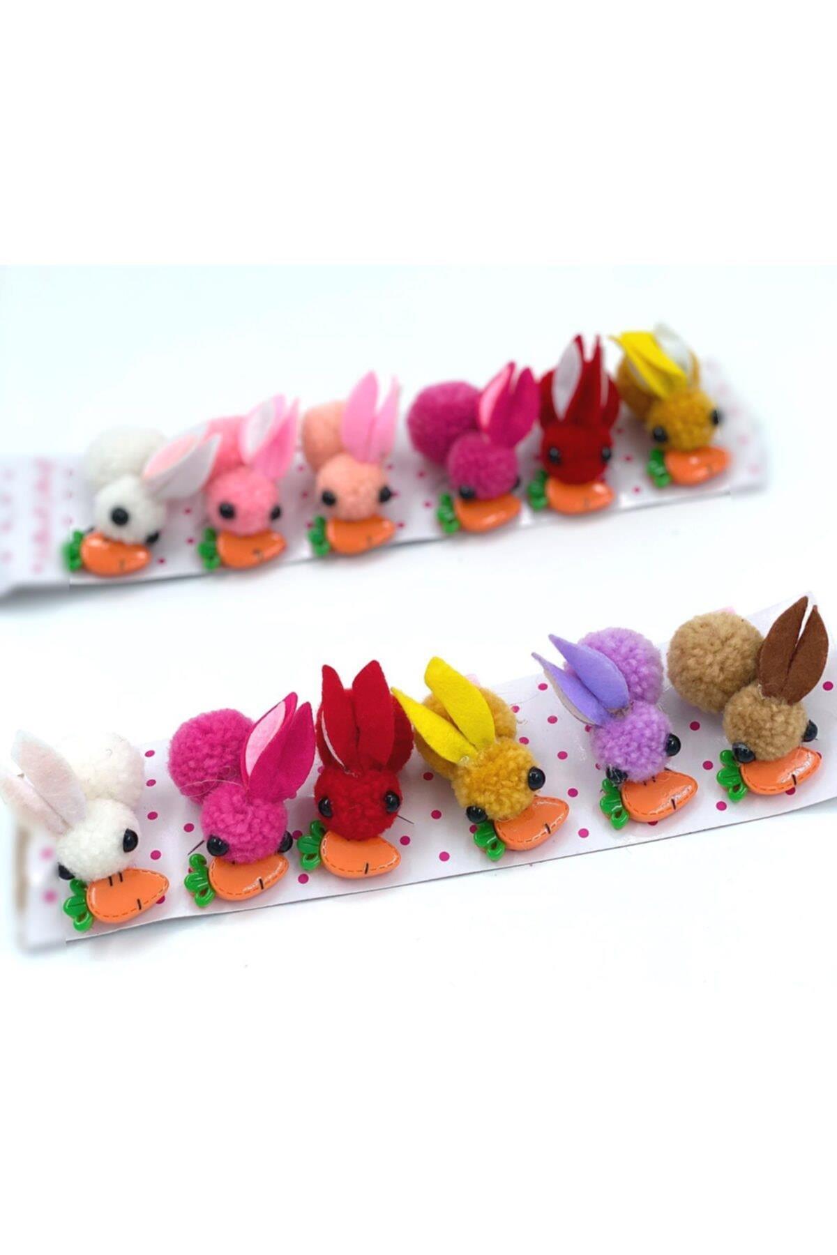 6lı Sevimli Peluş Ponpon Havuçlu Renkli Tavşan Pensli Toka Seti Bebek Çocuk