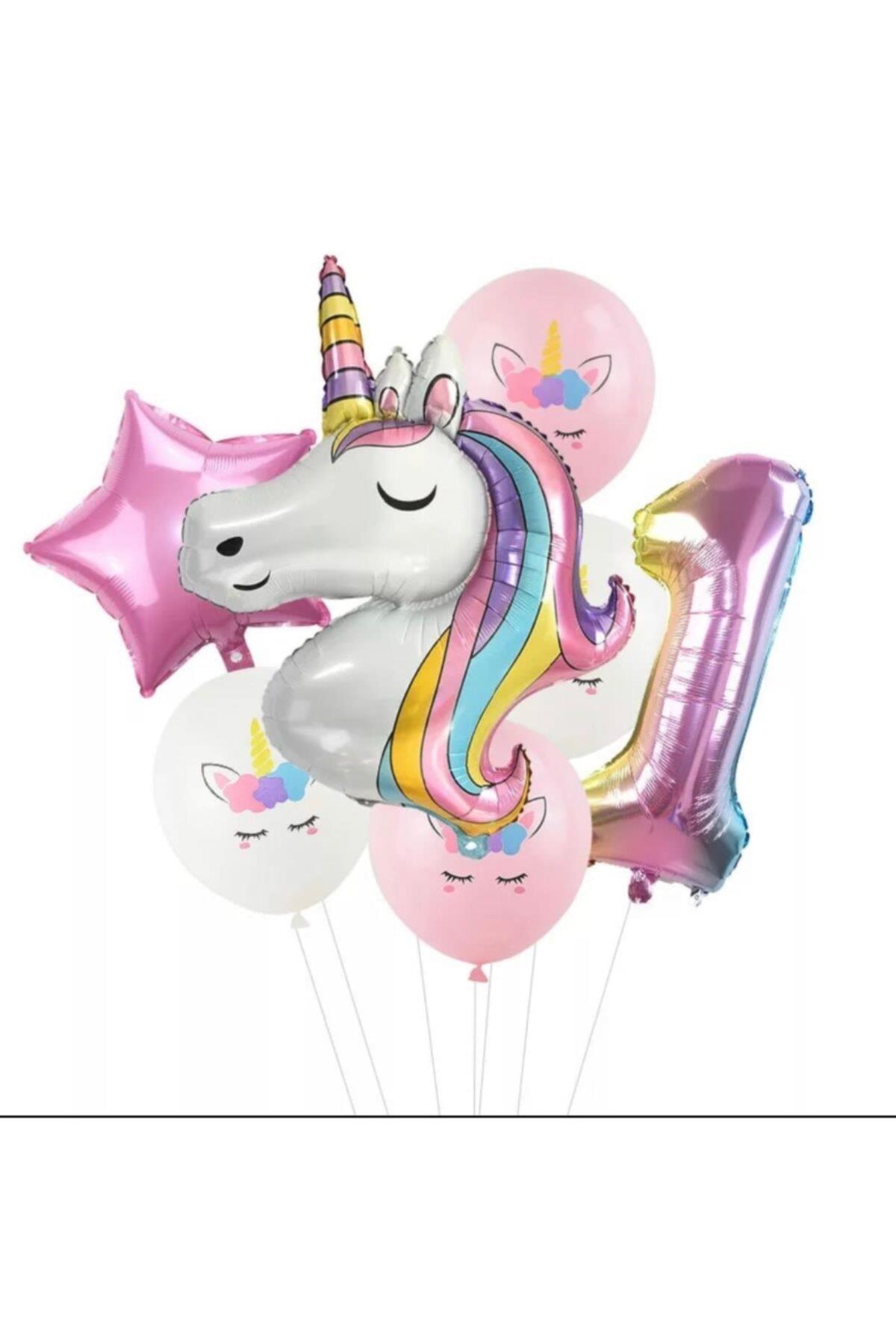 7 Parça Dev Unicorn 1 Yaş Harf Yıldızlı Folyo Balon Seti Doğumgünü Yaşgünü