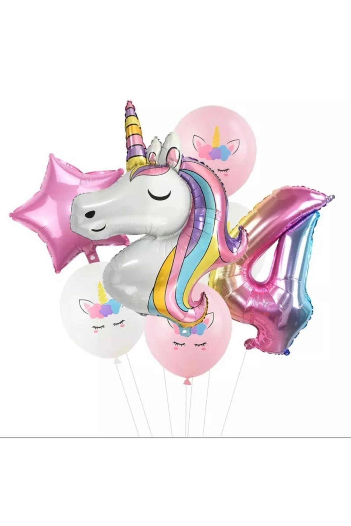 7 Parça Dev Unicorn 4 Yaş Harf Yıldızlı Folyo Balon Seti Doğumgünü Yaşgünü