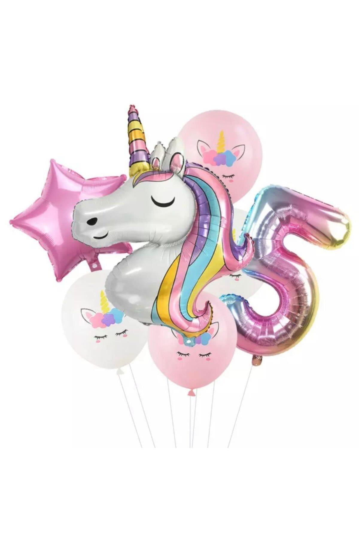 7 Parça Dev Unicorn 5 Yaş Harf Yıldızlı Folyo Balon Seti Doğumgünü Yaşgünü