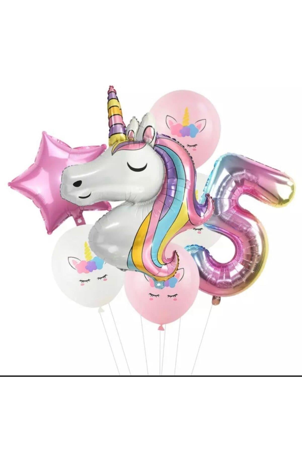 7 Parça Dev Unicorn 5 Yaş Harf Yıldızlı Folyo Balon Seti Doğumgünü Yaşgünü