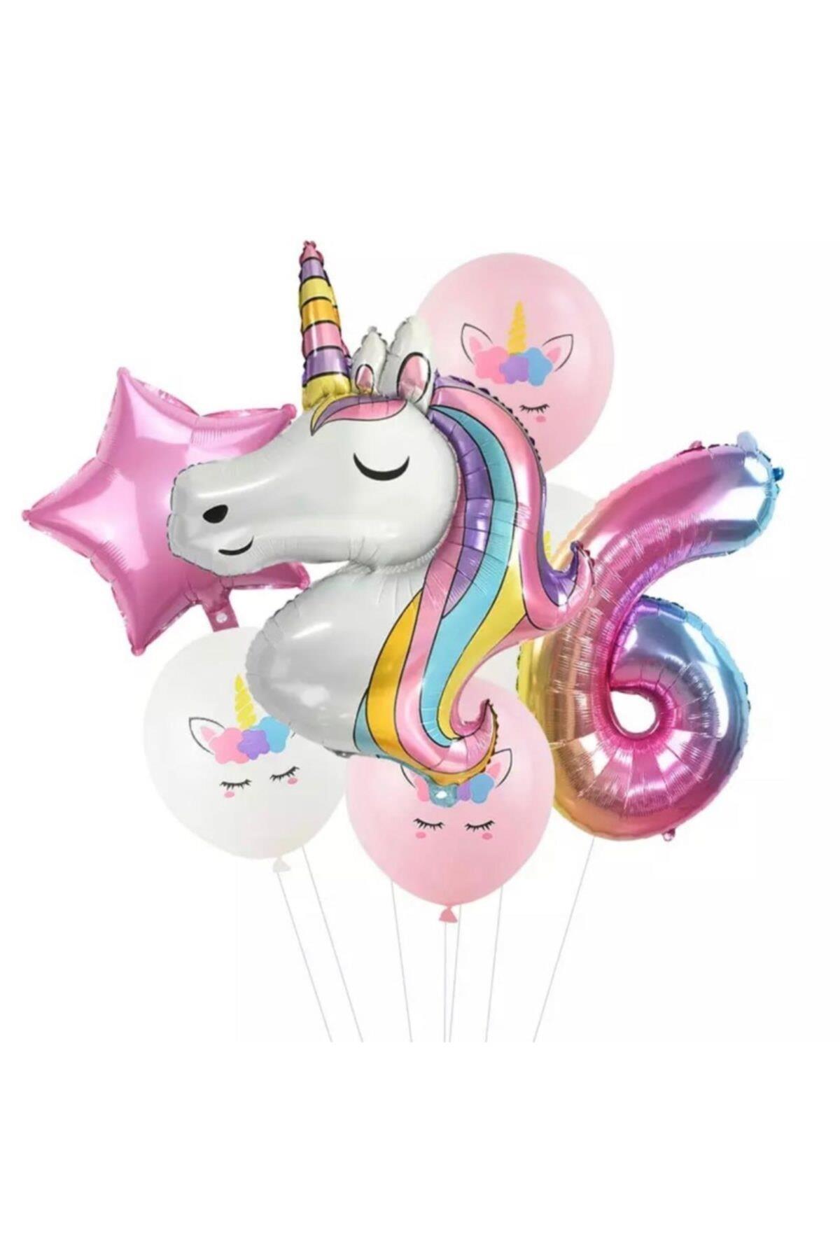 7 Parça Dev Unicorn 6 Yaş Harf Yıldızlı Folyo Balon Seti Doğumgünü Yaşgünü