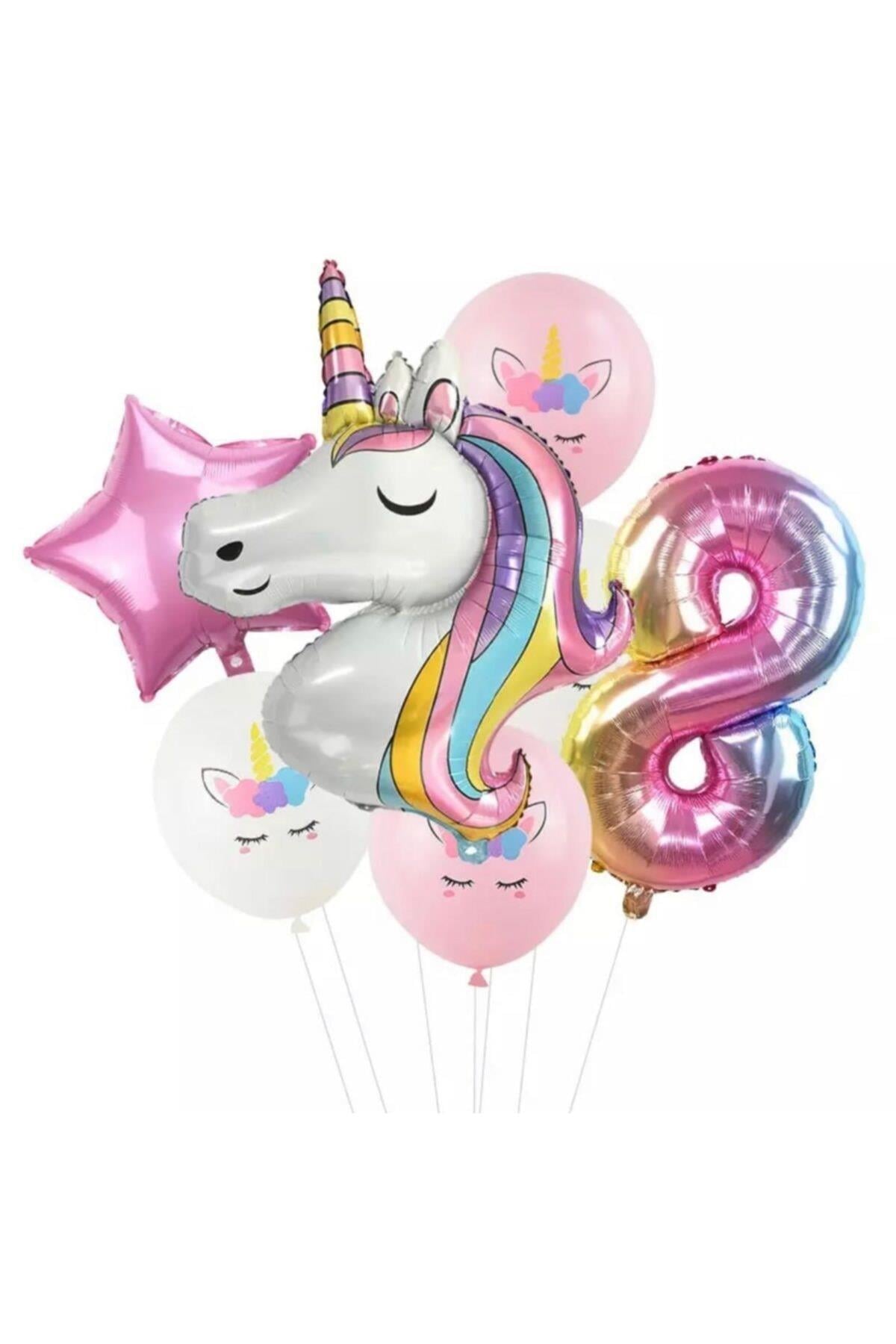 7 Parça Dev Unicorn 8 Yaş Harf Yıldızlı Folyo Balon Seti Doğumgünü Yaşgünü