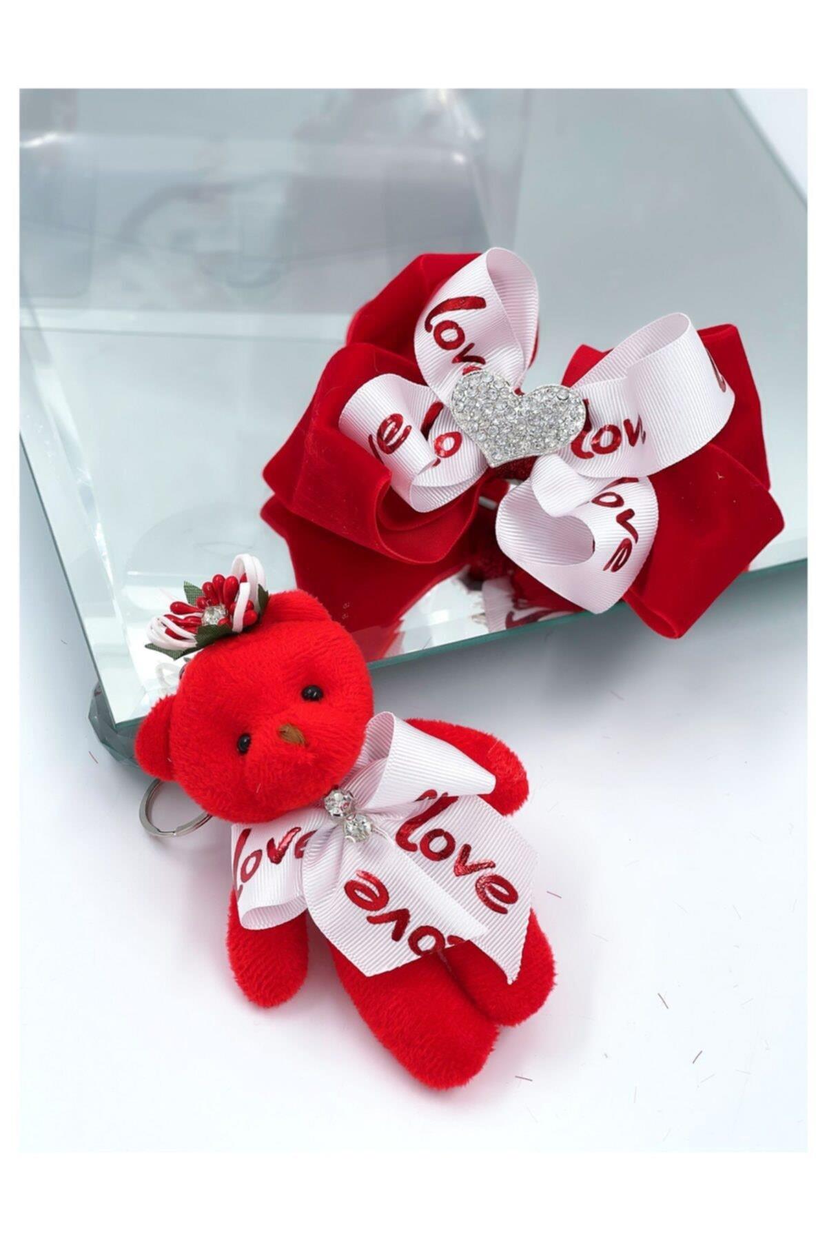 Anneler Günü Lüks Çantalı Hediye Seti Peluş Ayıcık Anahtarlık Kadife Love Kalp Fiyonk Toka Kırmzı