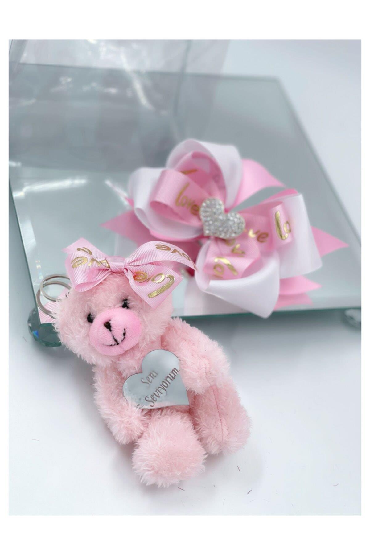 Anneler Günü Lüks Çantalı Hediye Seti Peluş Ayıcık Anahtarlık Love Taşlı Kalp Fiyonk Toka Pembe