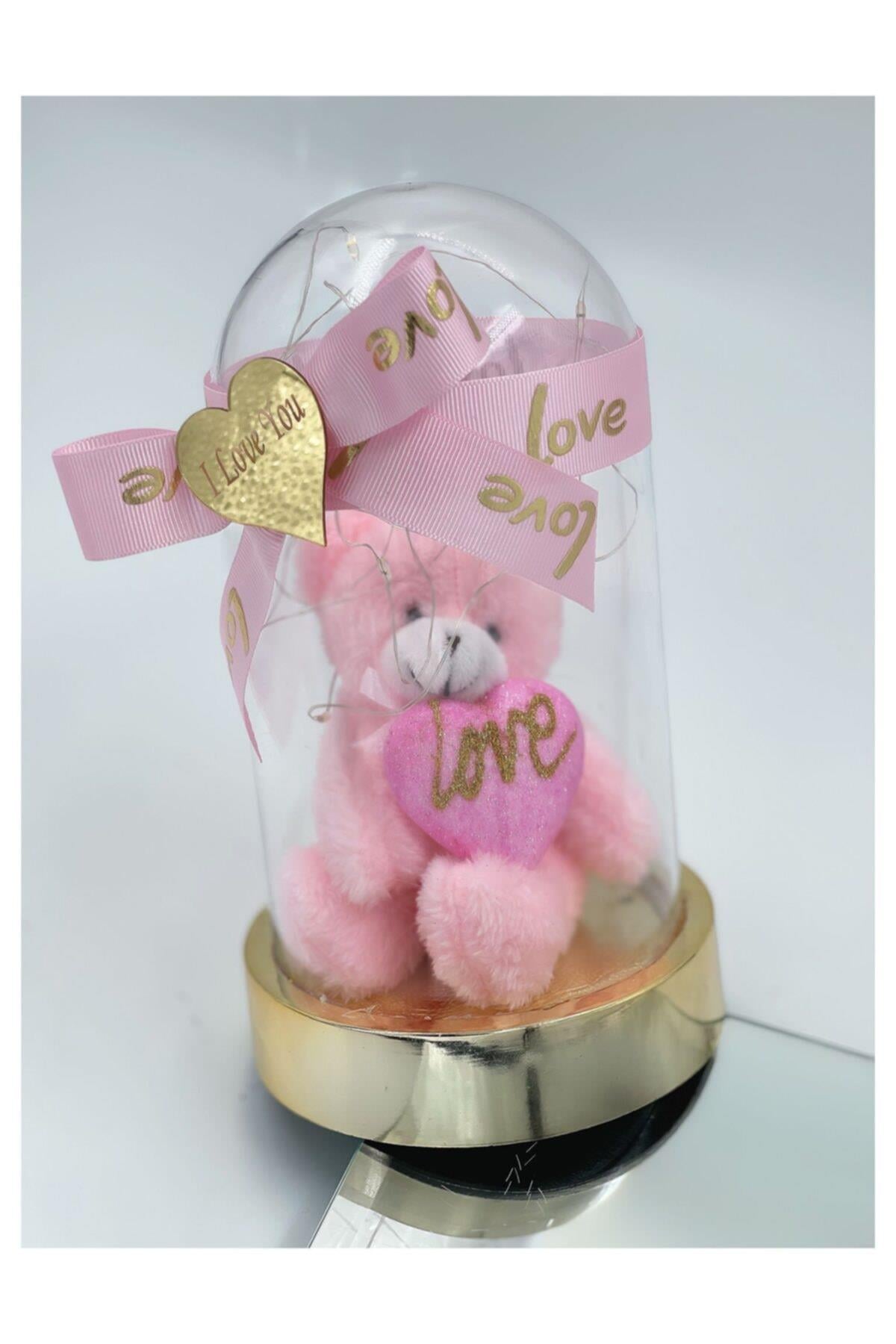 Anneler Günü Özel Sevgililer Günü Işıklı Fanuslu Teraryum Ayıcık Kalpli Love Pembe