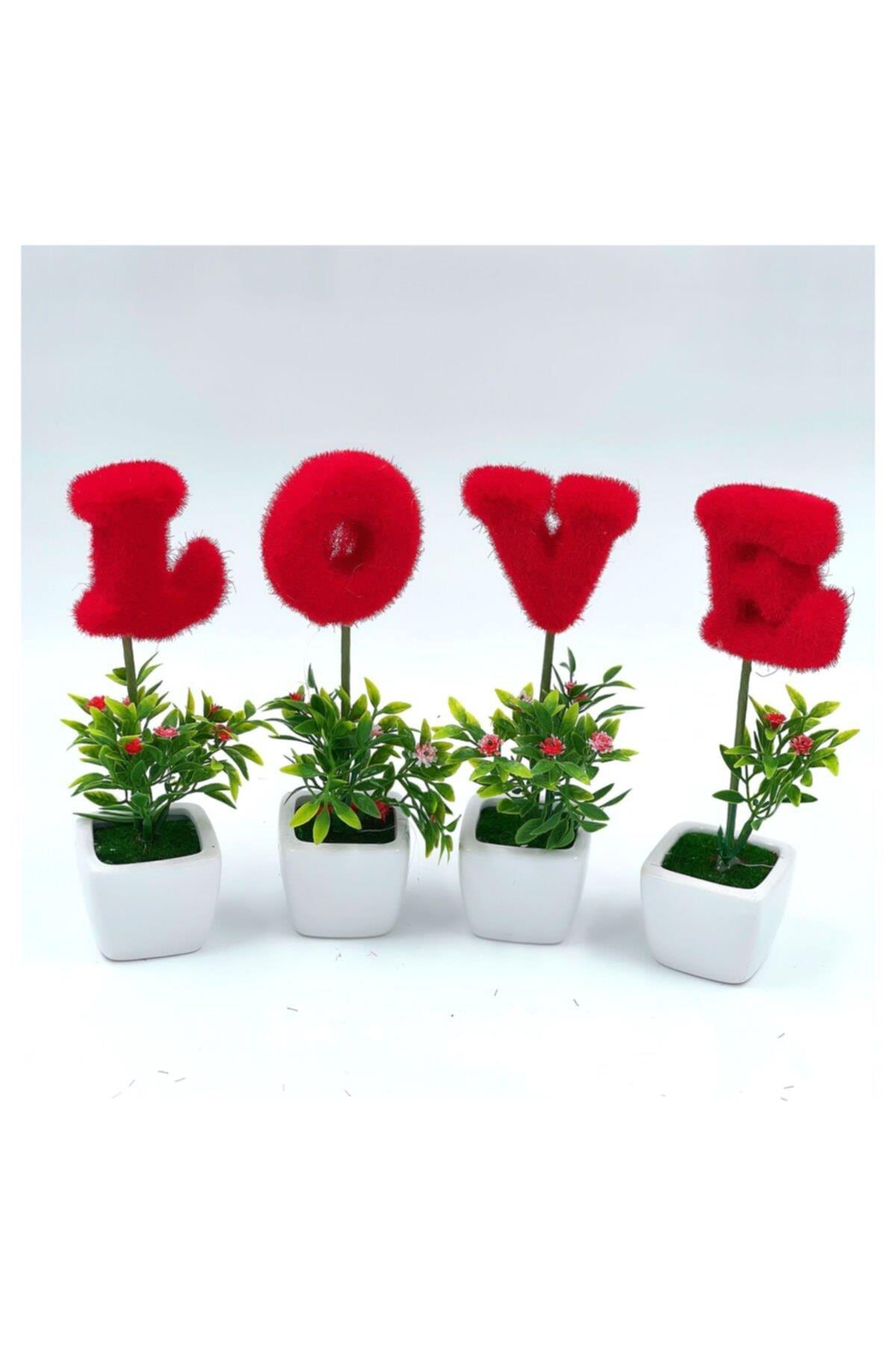 Anneler Günü Sevgiliye Hediye Love Aşk Kırmızı Yazılı Porselen Saksılı Yapay Çiçek Seti