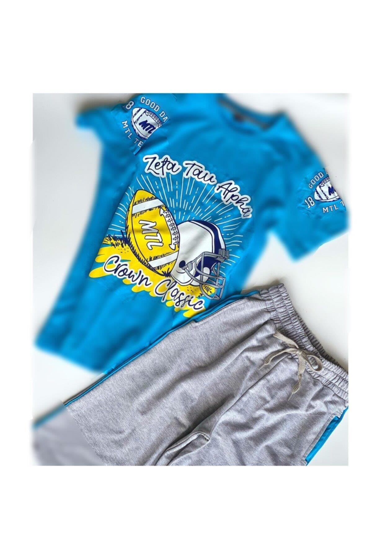 Bayram Özel Yazlık Kapri Şort Tshirt Spor Takım Set Erkek Çocuk Turkuvaz Mavi Gri