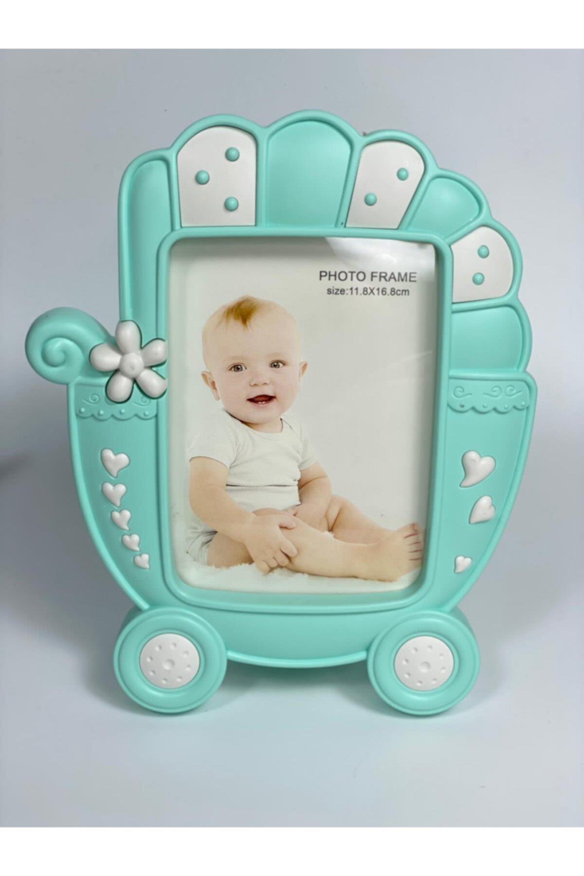 Büyük Sevimli Mint Yeşil Puset Araba Bebek Çocuk Ayaklı Fotoğraf Çerçevesi Hediyelik Albüm 22x27