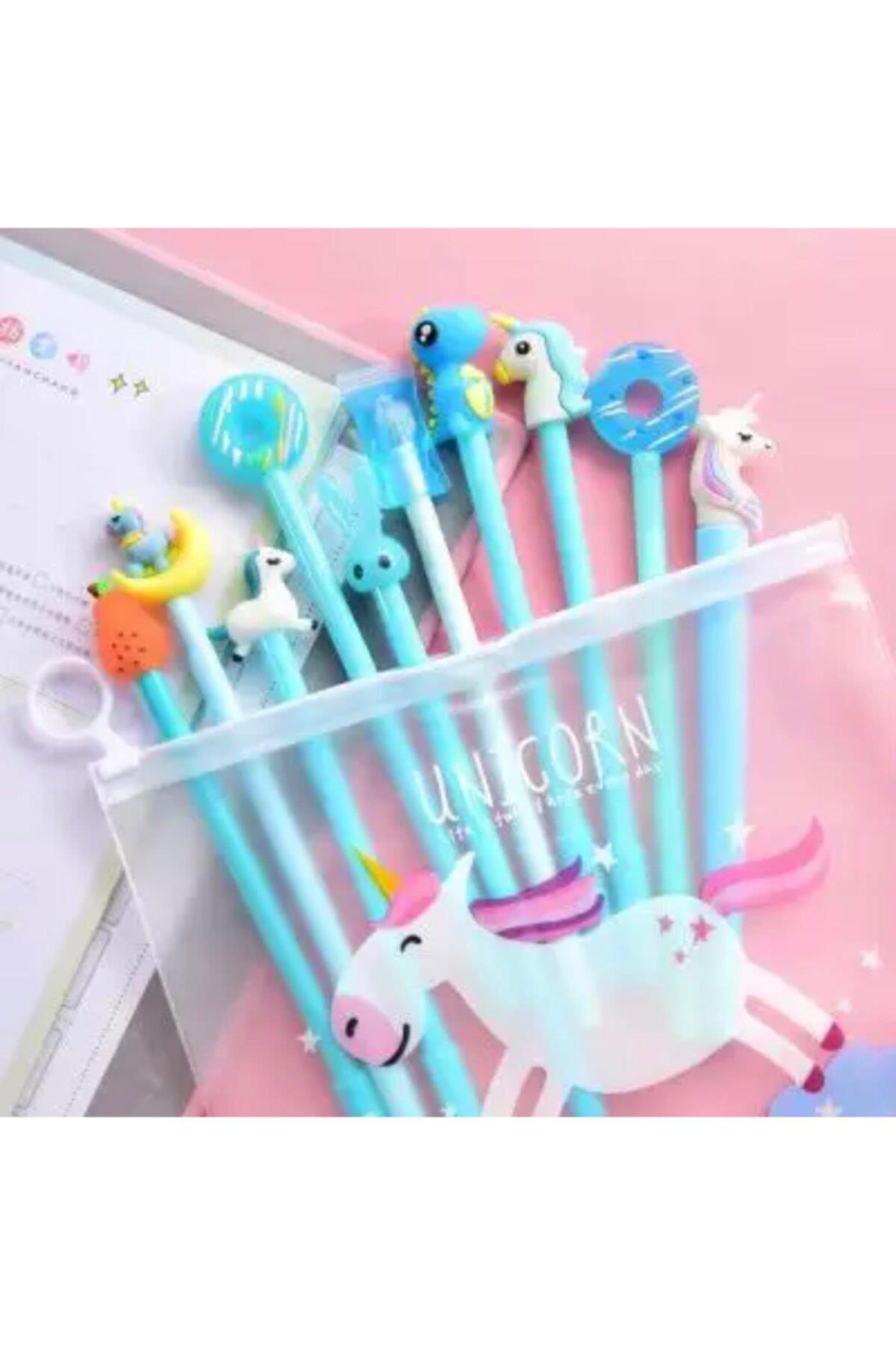 Çantalı Unicorn 10 Lu Siyah Jel Kalem Set Turkuaz Mavi