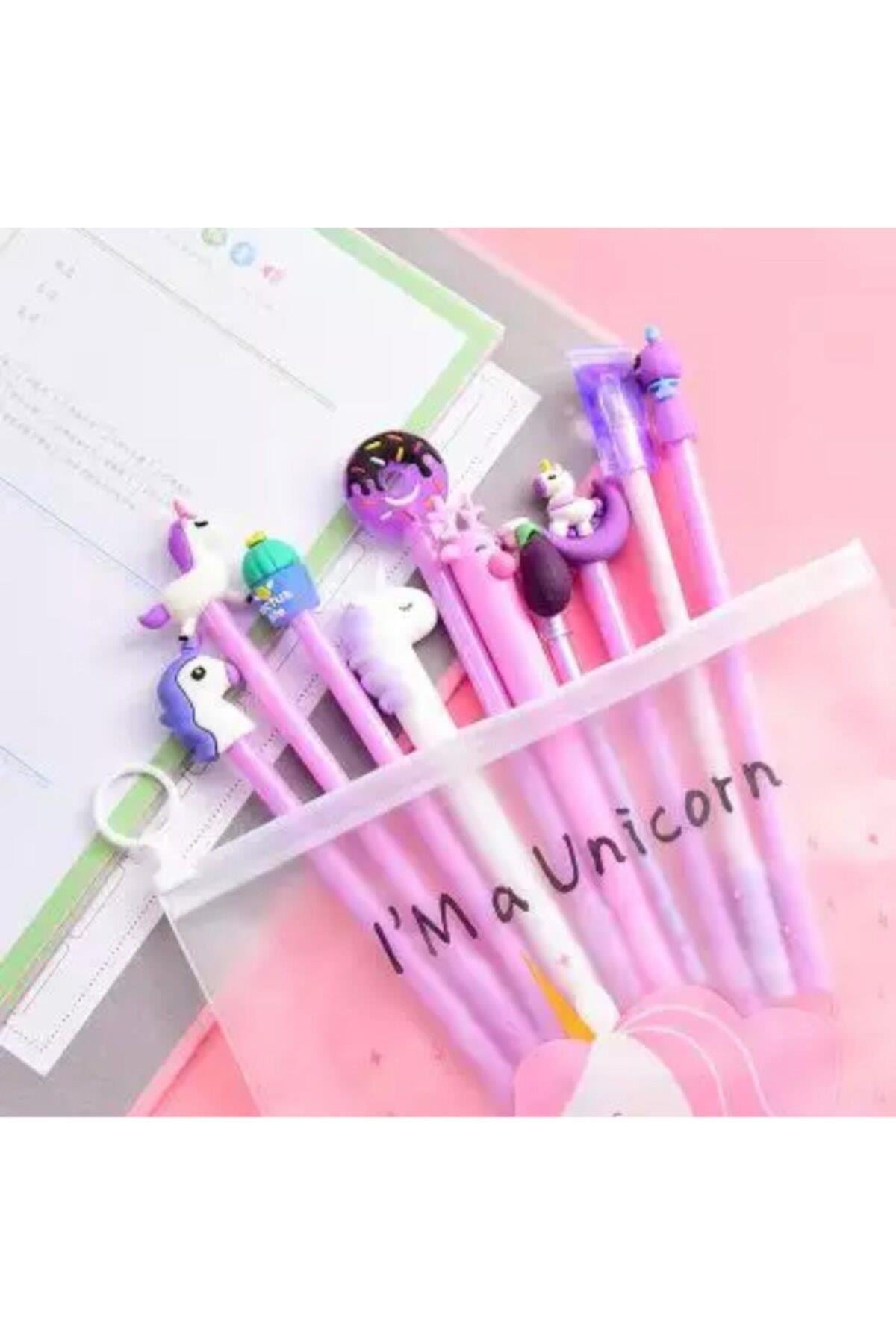 Çantalı Unicorn 10 Lu Siyah Jel Kalem Set Lila Mor