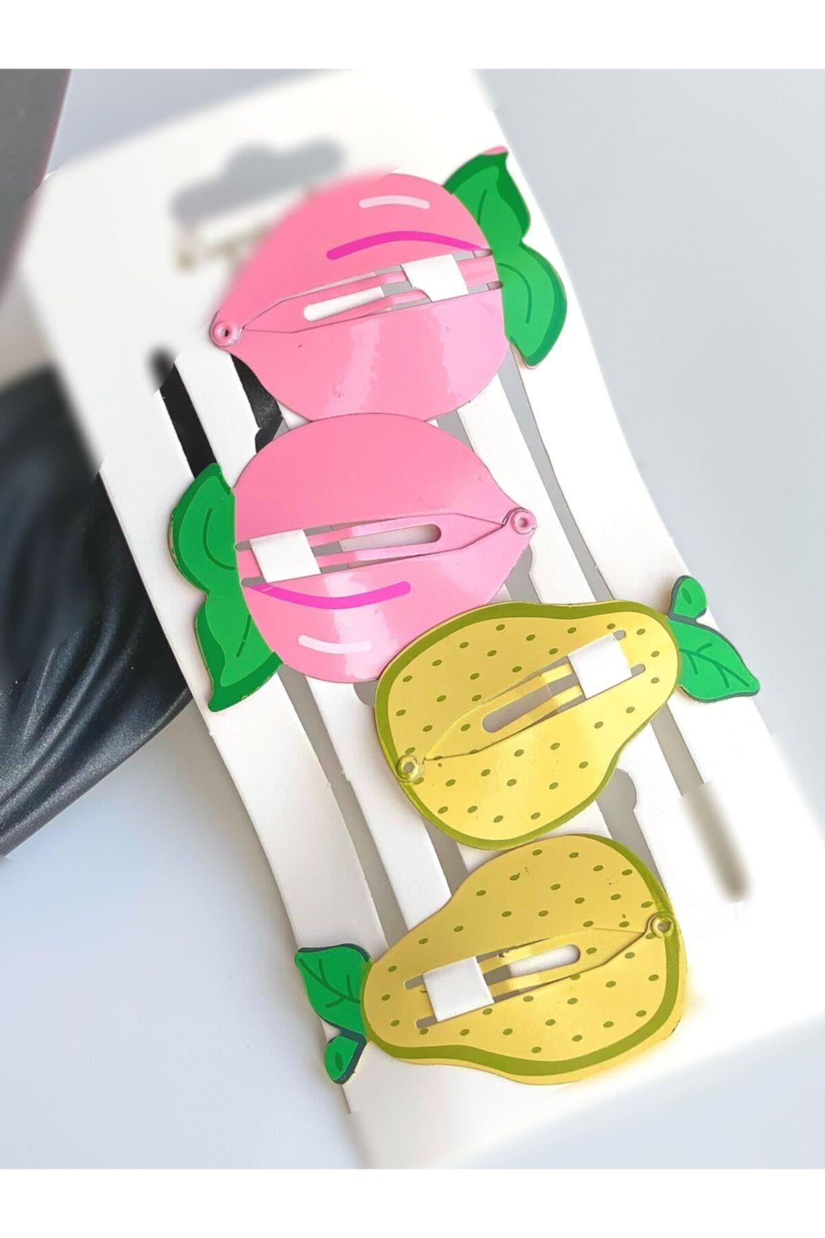 Çocuk Bebek Büyük Tropikal Pembe Şeftali Sarı Armut Metal Çıtçıt Yan Toka Set  4lü