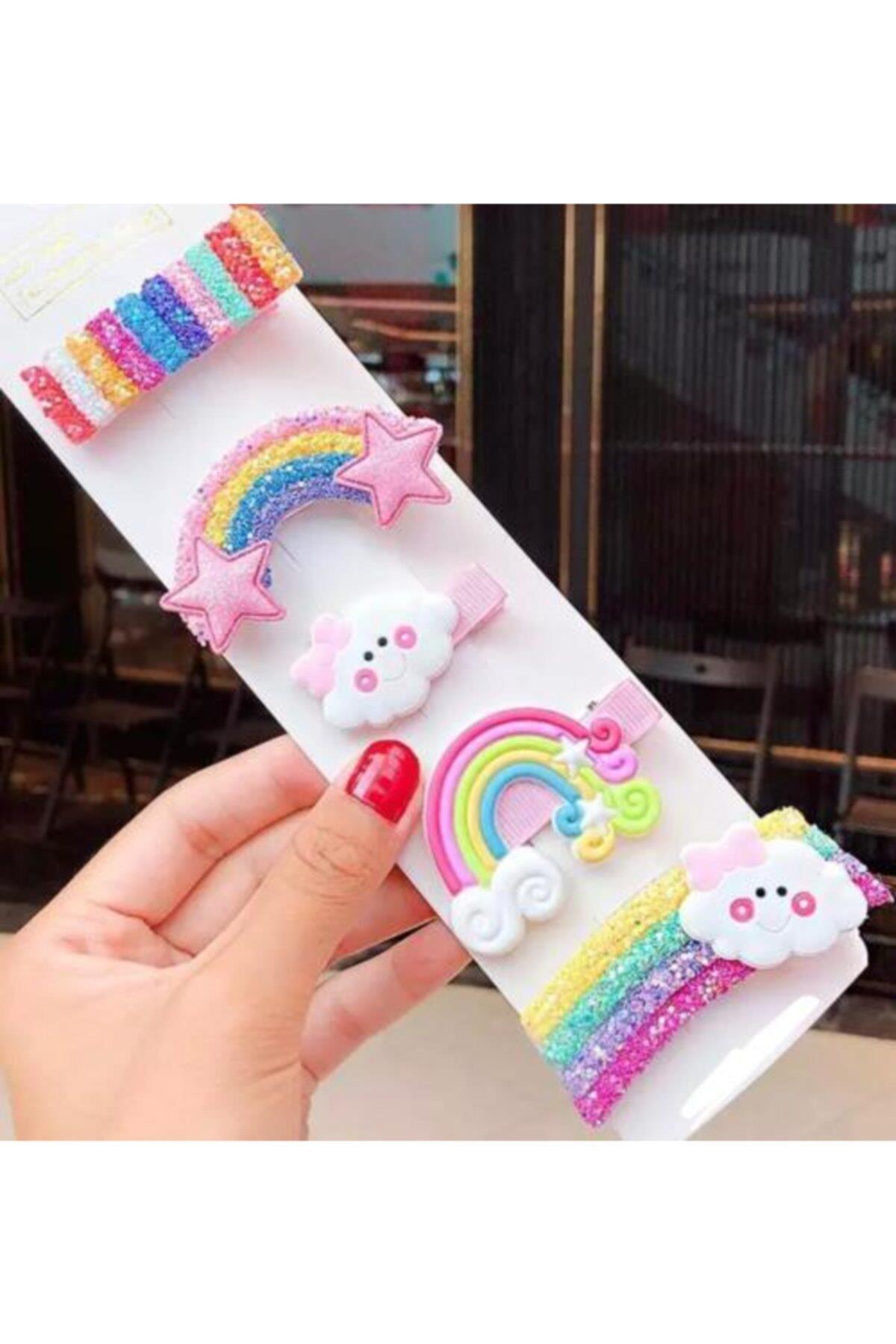 Çocuk Bebek Simli Pullu Gökkuşağı Renkli Toka Seti