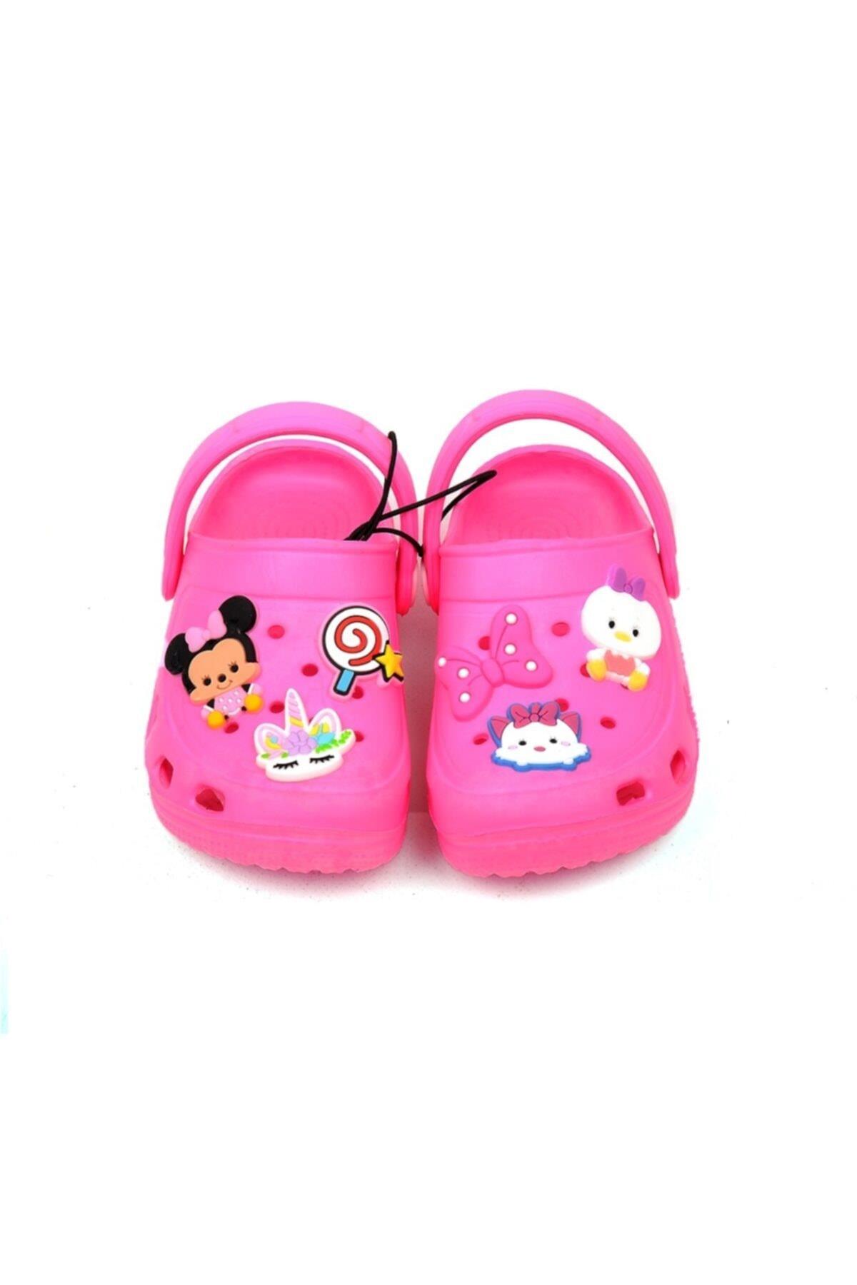 Çocuk Crocs Tarz Model Sandalet Terlik Minnie Unicorn Kedi Süslü Neon Pembe