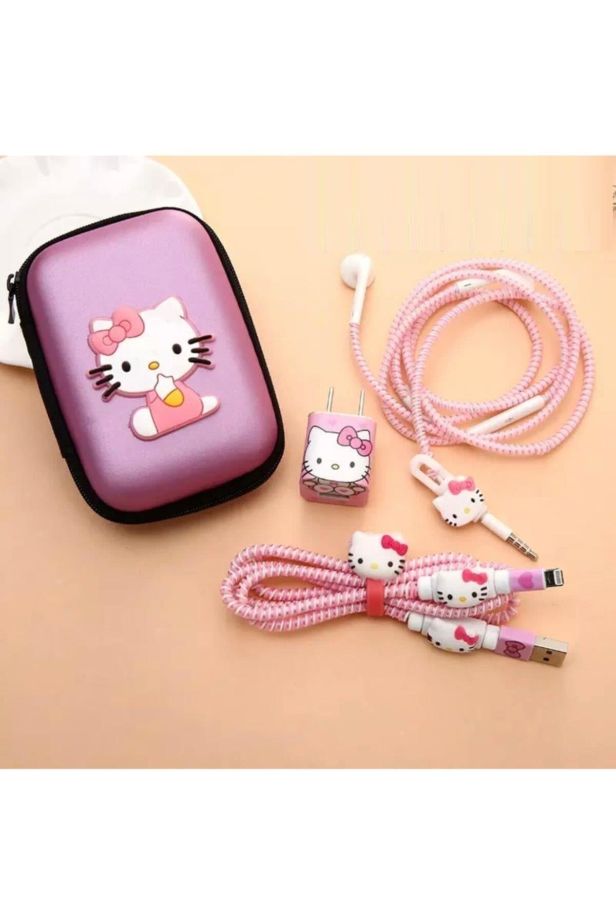 Çocuklar Ve Yetişkinler Için Muhteşem Şarj Kablosu Kulaklık Koruyucu Hello Kitty Figürlü Çantalı Set