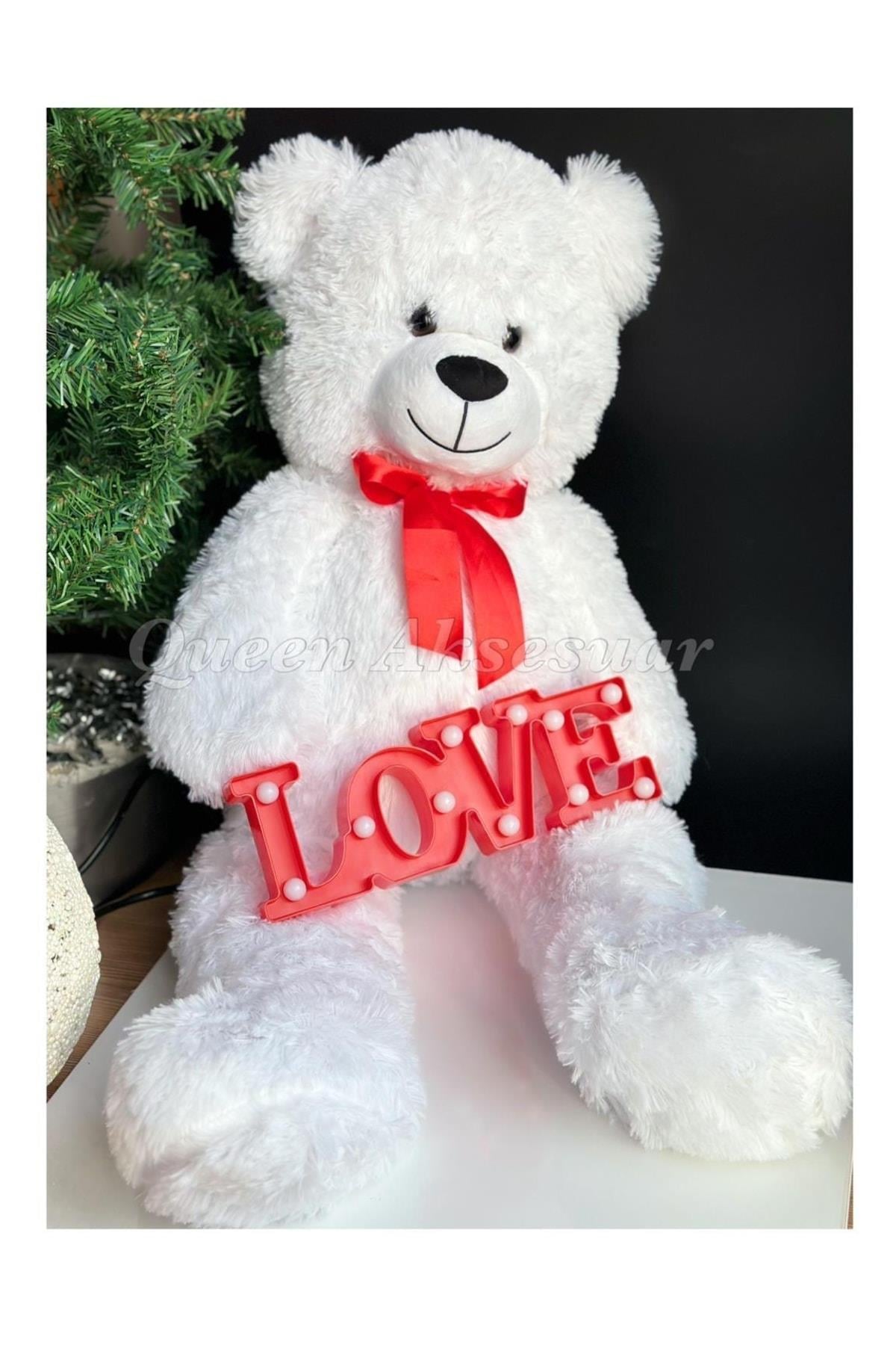 Dev Boy 100 Cm Beyaz Peluş Oyuncak Ayı Love Işıklı Masa Gece Lambası Ayıcık Hediye Seti
