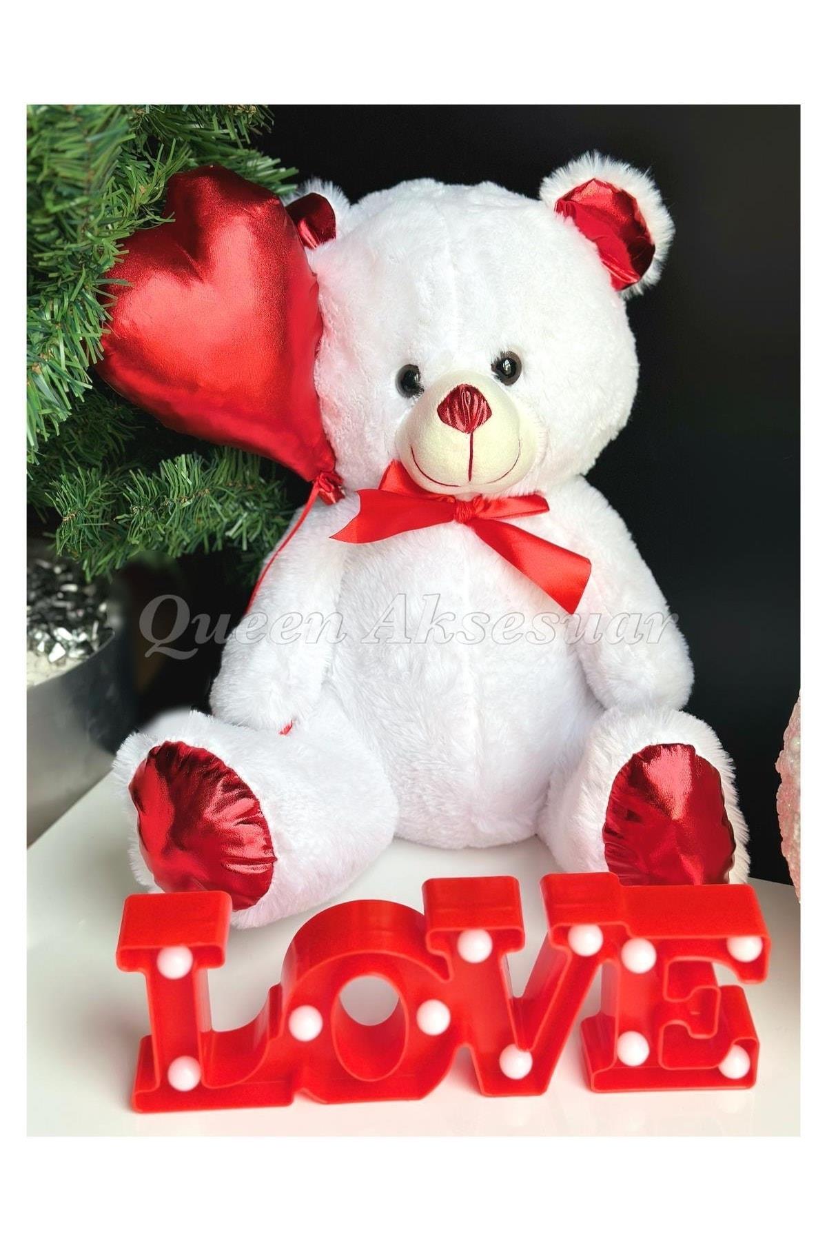 Dev Parlak Kırmızı Kalp Balonlu Sevimli Peluş Oyuncak Ayıcık Love Masa Gece Lambası Hediye Seti