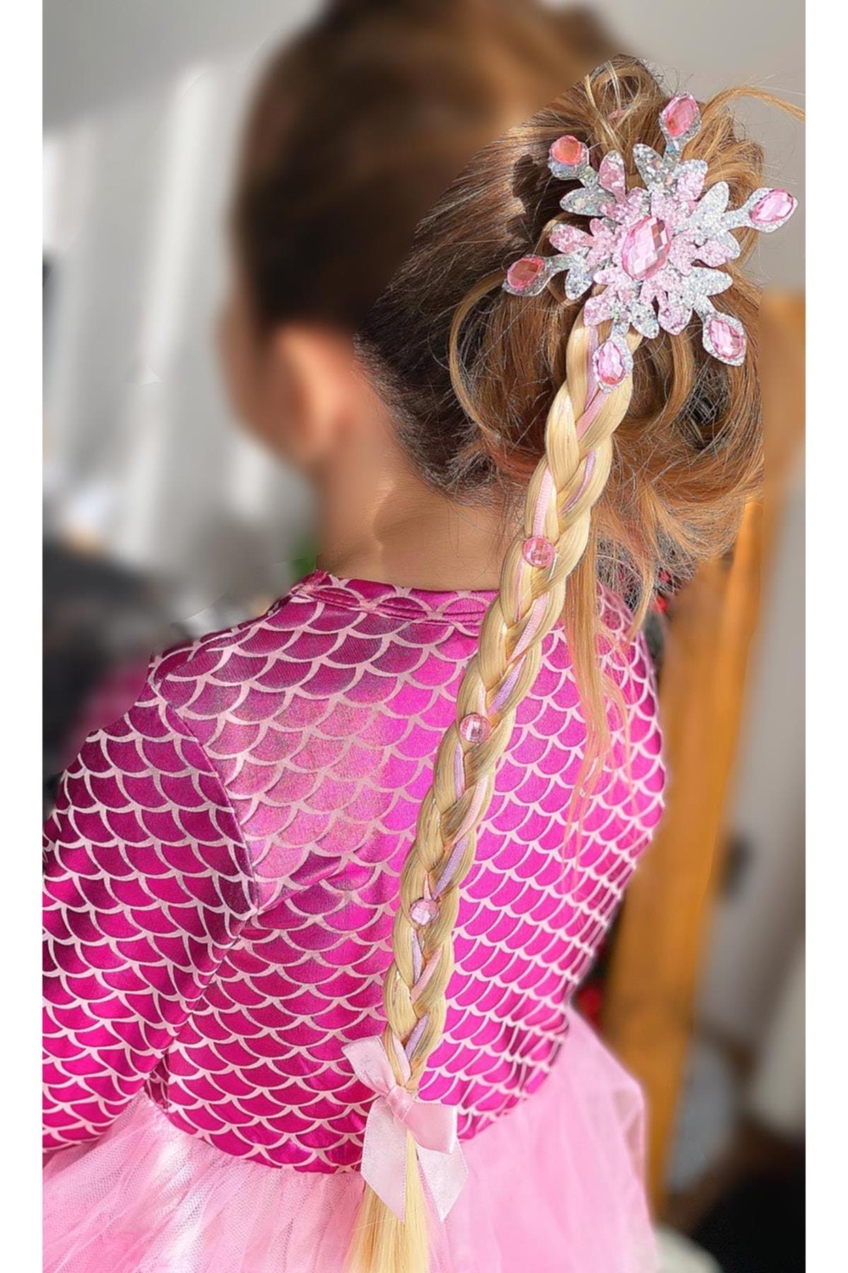 Elsa Anna Frozen Karlar Ülkesi Kristal Taşlı Kar Tanesi Örgü Takma Postiş Çocuk Saçı Boncuklu Pembe