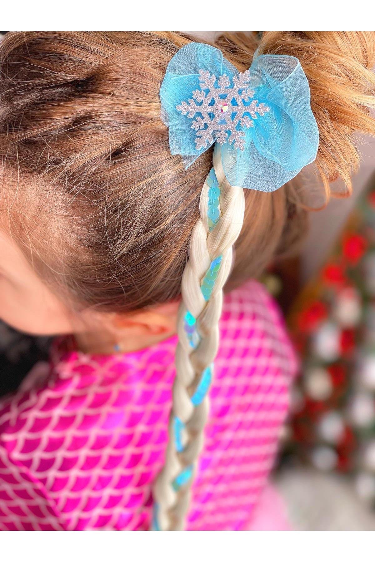 Elsa Anna Frozen Karlar Ülkesi Simli Taşlı Kar Tanesi Örgü Takma Postiş Saç Çocuk Saçı Pullu Mavi