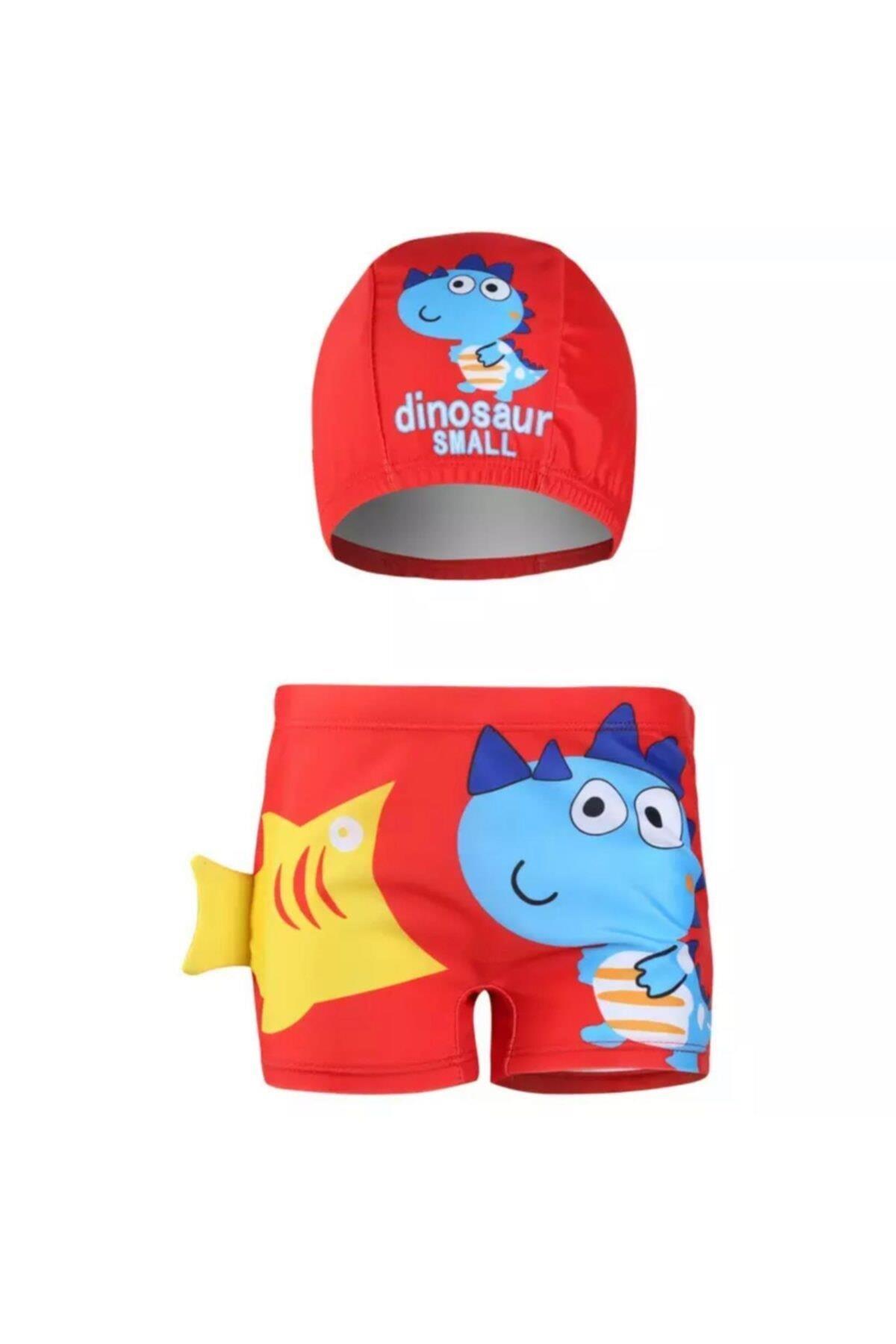 Erkek Çocuk  Sevimli Kırmızı Dinozor Desenli  Deniz Havuz Mayo  Şort Bone Takım Set