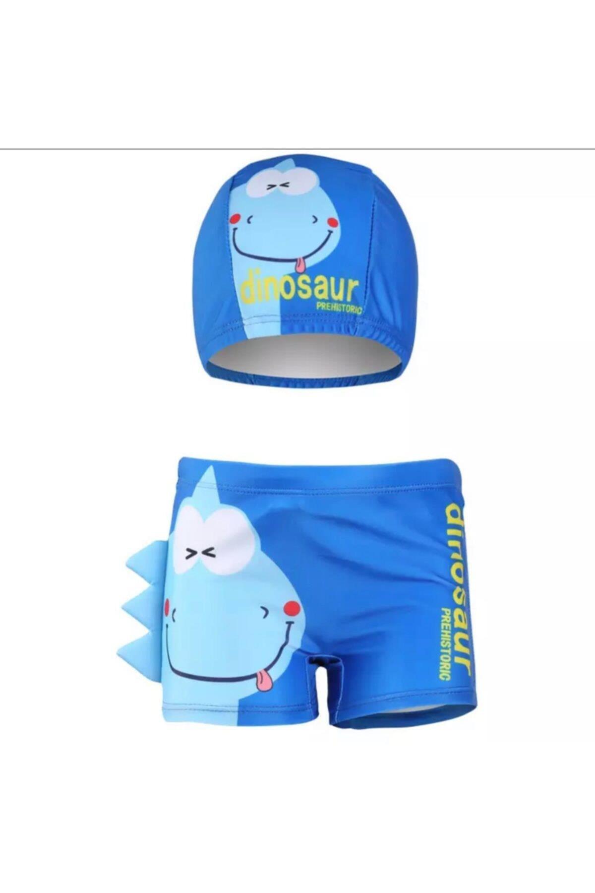 Erkek Çocuk Sevimli Mavi Dinozor Desenli  Deniz Havuz Mayo Slip Şort Bone Takım Set