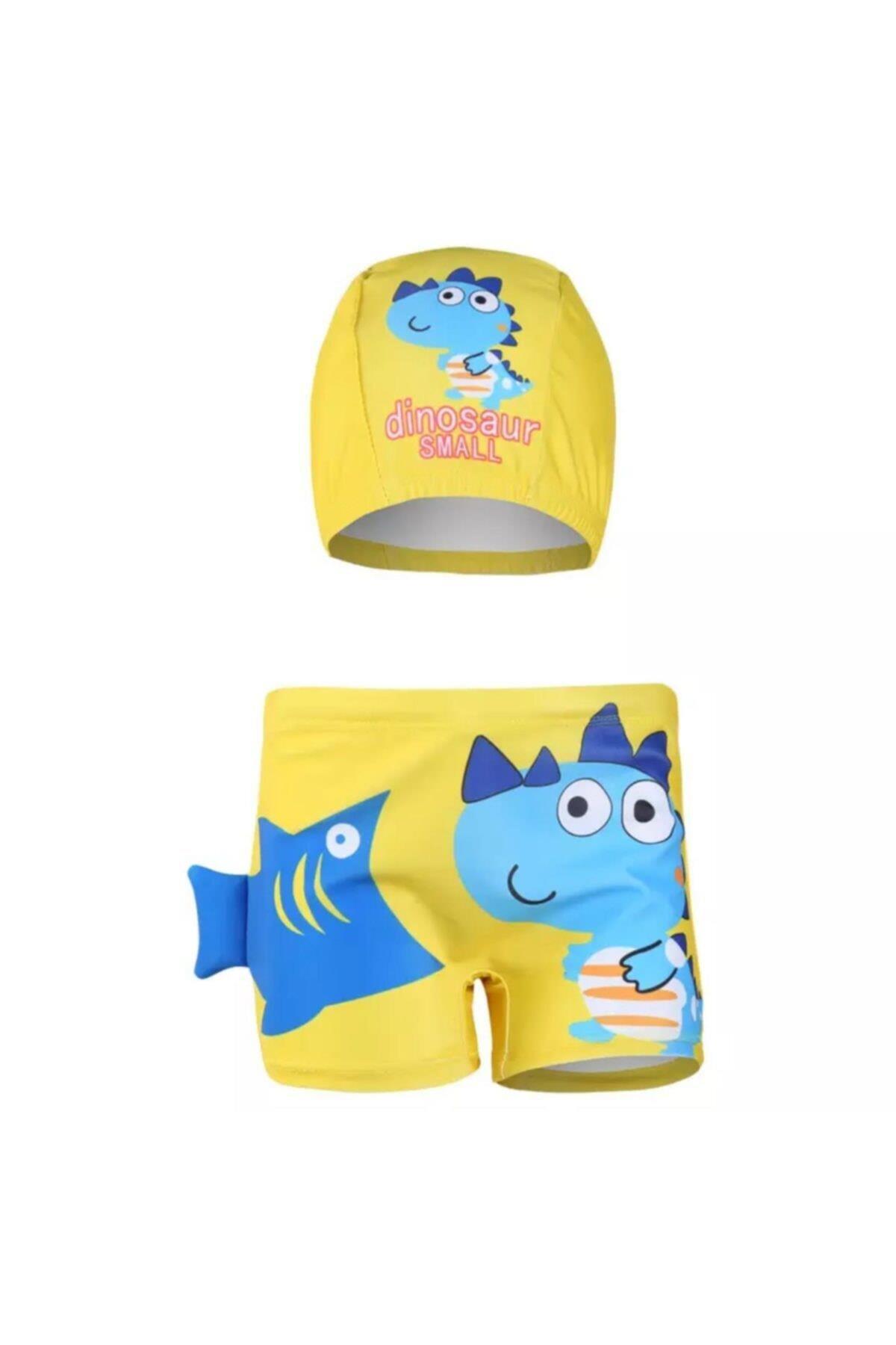 Erkek Çocuk  Sevimli Sarı Balık Desenli  Mayo Slip Şort Bone Takım Set