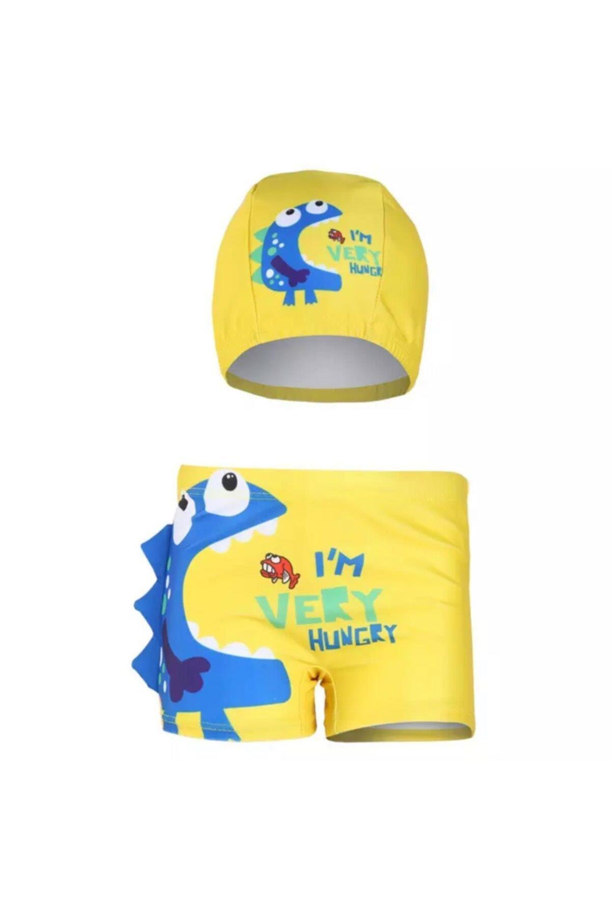 Erkek Çocuk  Sevimli Sarı Mavi Dinozor Desenli  Mayo Slip Şort Bone Takım Set