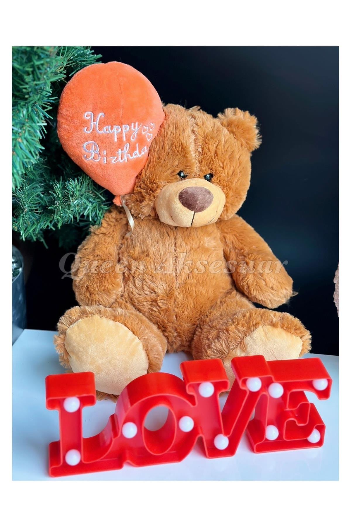 Happy Birthday Yazılı Balonlu Sevimli Dev Peluş Oyuncak Ayıcık Love Masa Gece Lambası Ayı Doğum Günü