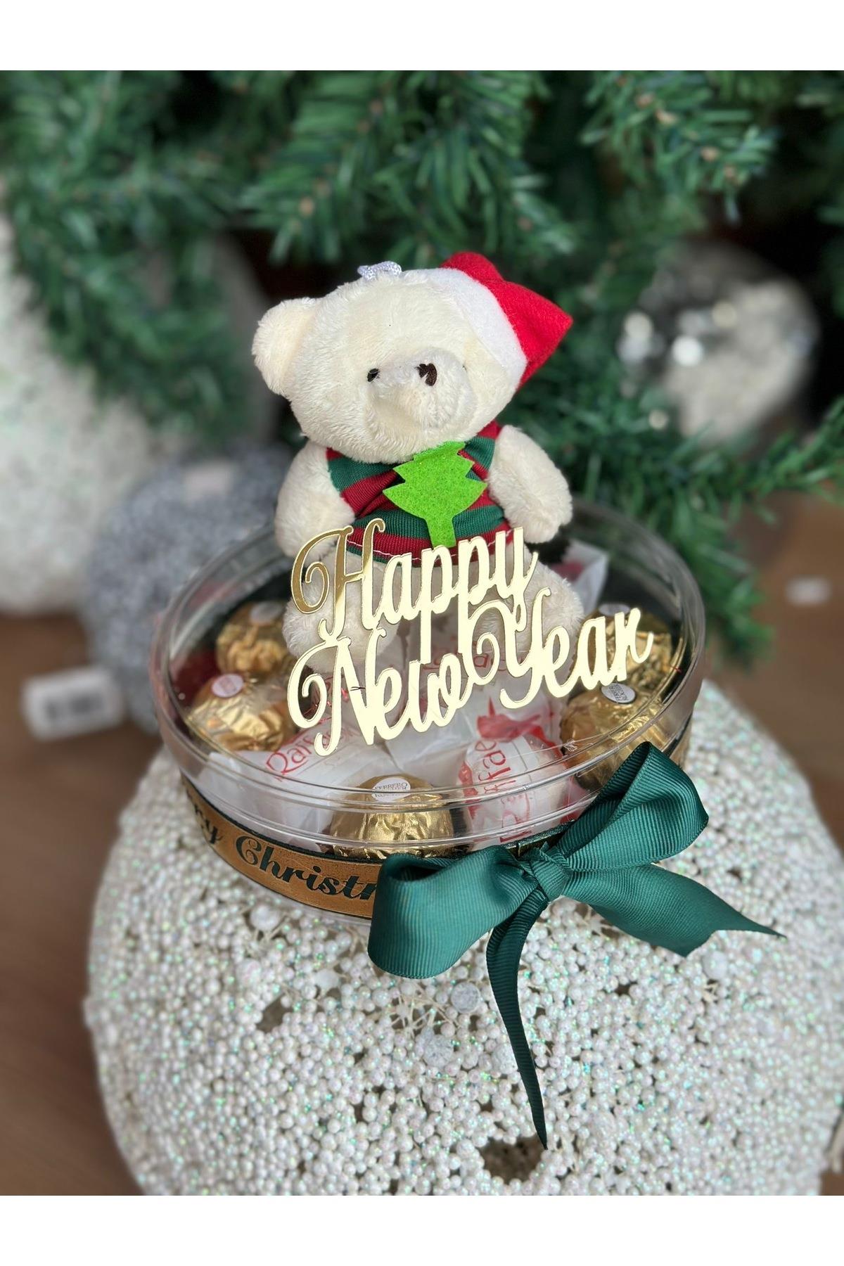 Happy New year yılbaşı tasarım lüks ayıcık anahtarlık ferro rafaello çikolata seti hediye kutusu