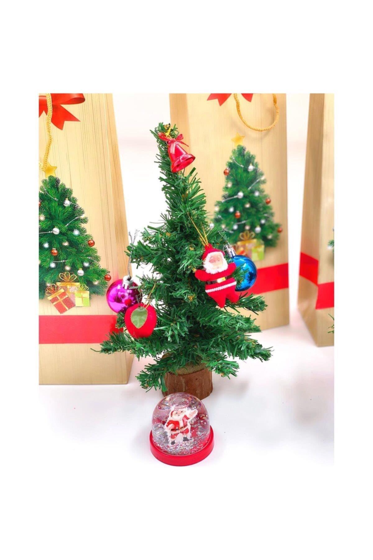 Hediye Çantalı Ağaç Kütüklü Masa Üstü Küçük Gold Kırmızı Noel Baba Süslü Çam Ağacı Kar Küresi Seti