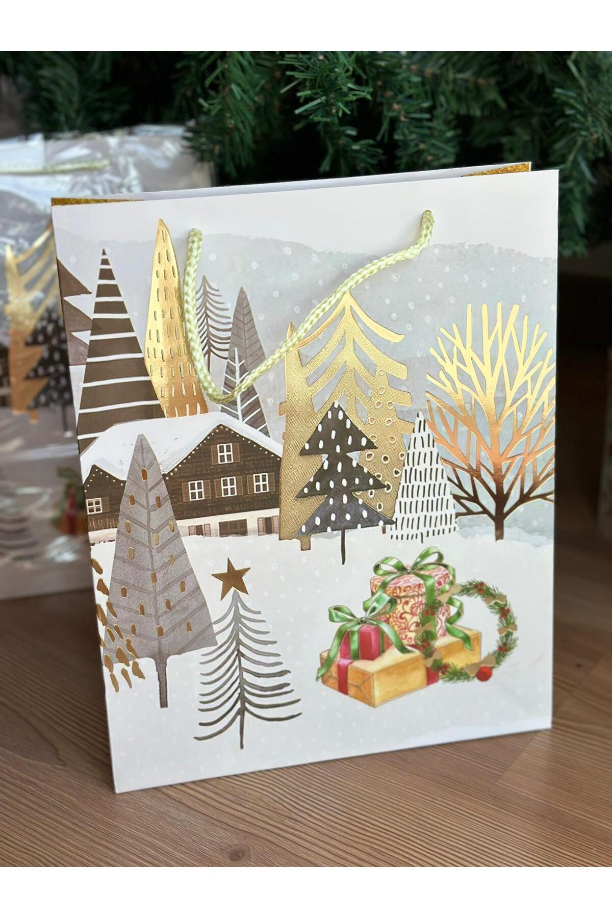İthal altın parlak noel evleri kış desenli hediye paketi desenli ip askılı karton çanta poşet