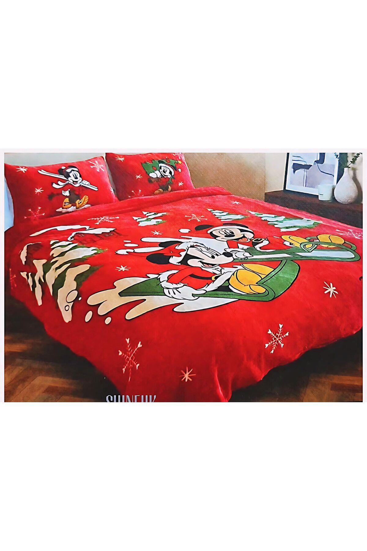 İthal Disney Mickey minnie mouse fare yılbaşı özel tek kişilik battaniye yastık kılıf seti 135x200