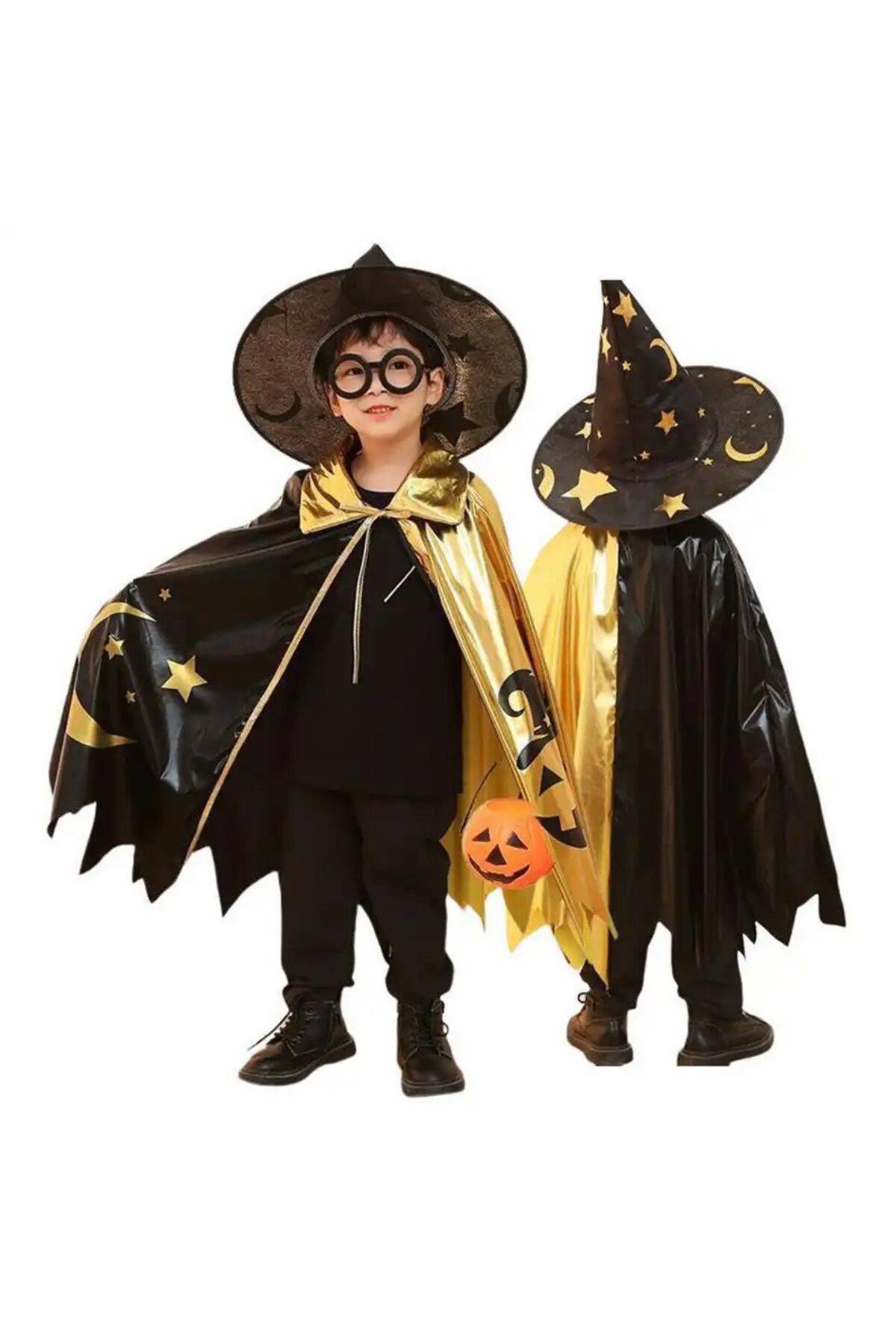 İthal kız erkek çocuk halloween cadılar bayramı cadı kostüm pelerin şapka takım set metalik desenli