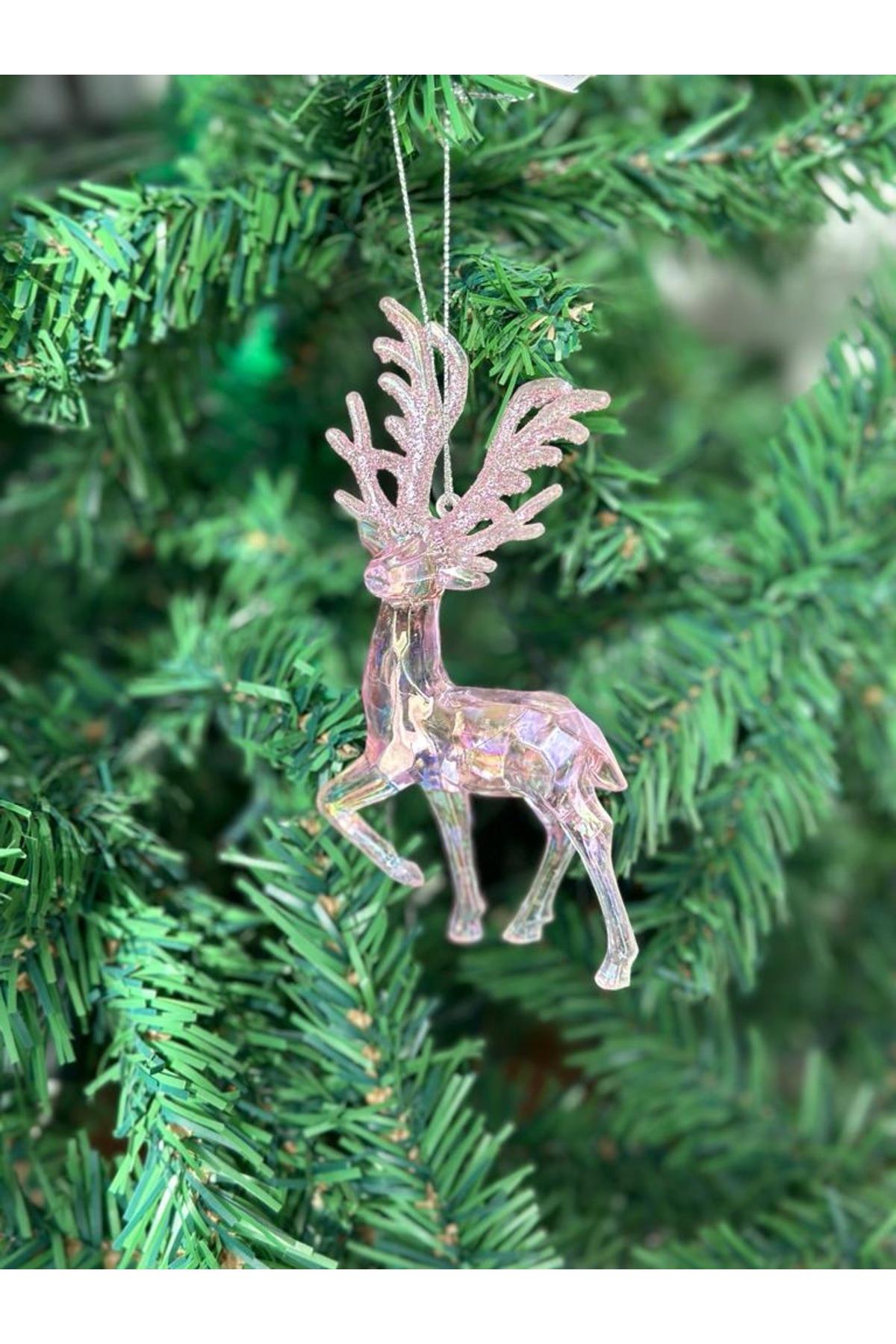 İthal koleksiyonluk lüks parlak pembe noel geyiği yılbaşı çam ağacı dekor süs şeffaf askılı geyik